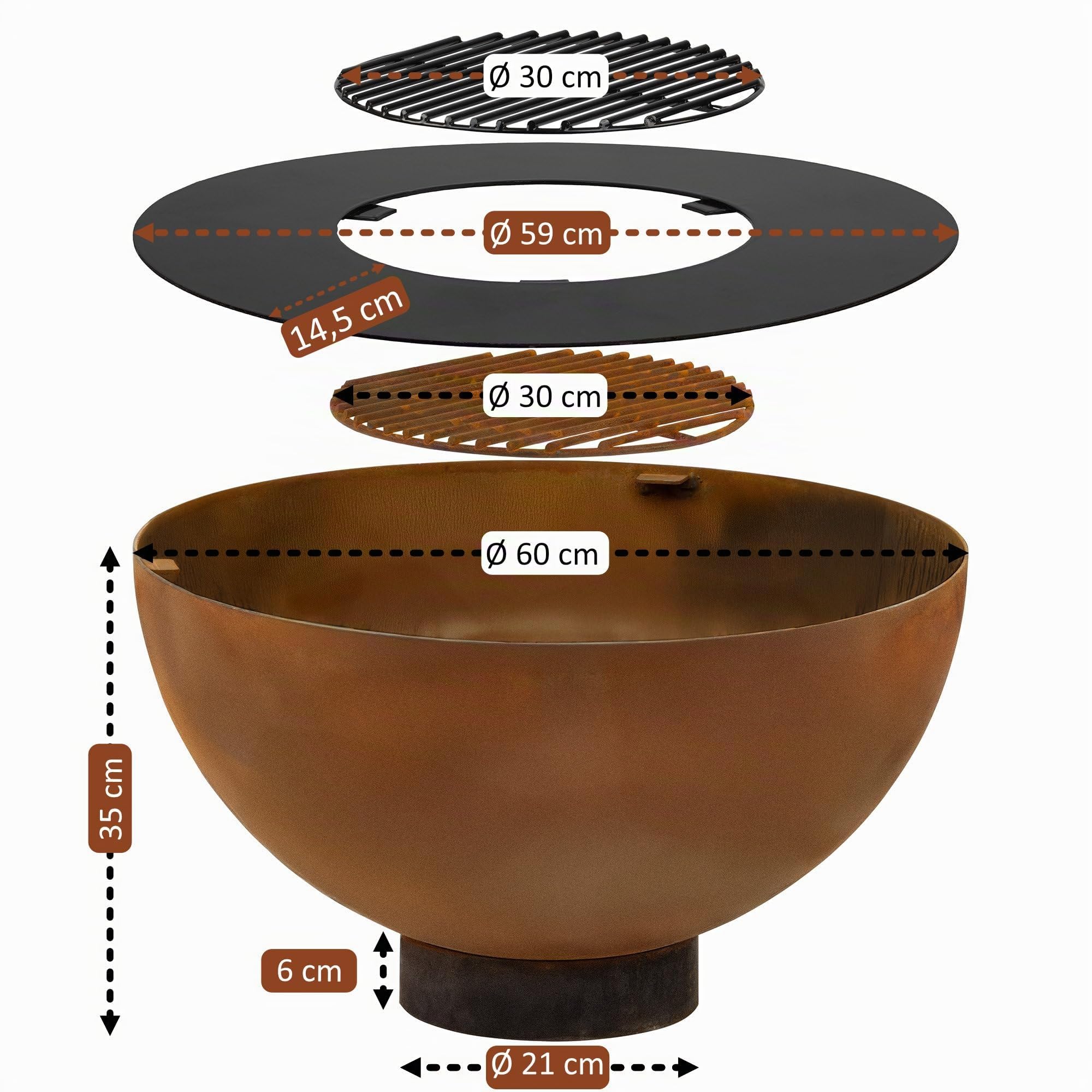 BBQ-Toro Brasero con parrilla de 60 cm de diámetro | aspecto oxidado | brasero para exteriores con placa de barbacoa, brasero para jardín, hoguera para jardín, hoguera de jardín, cuenco de fuego