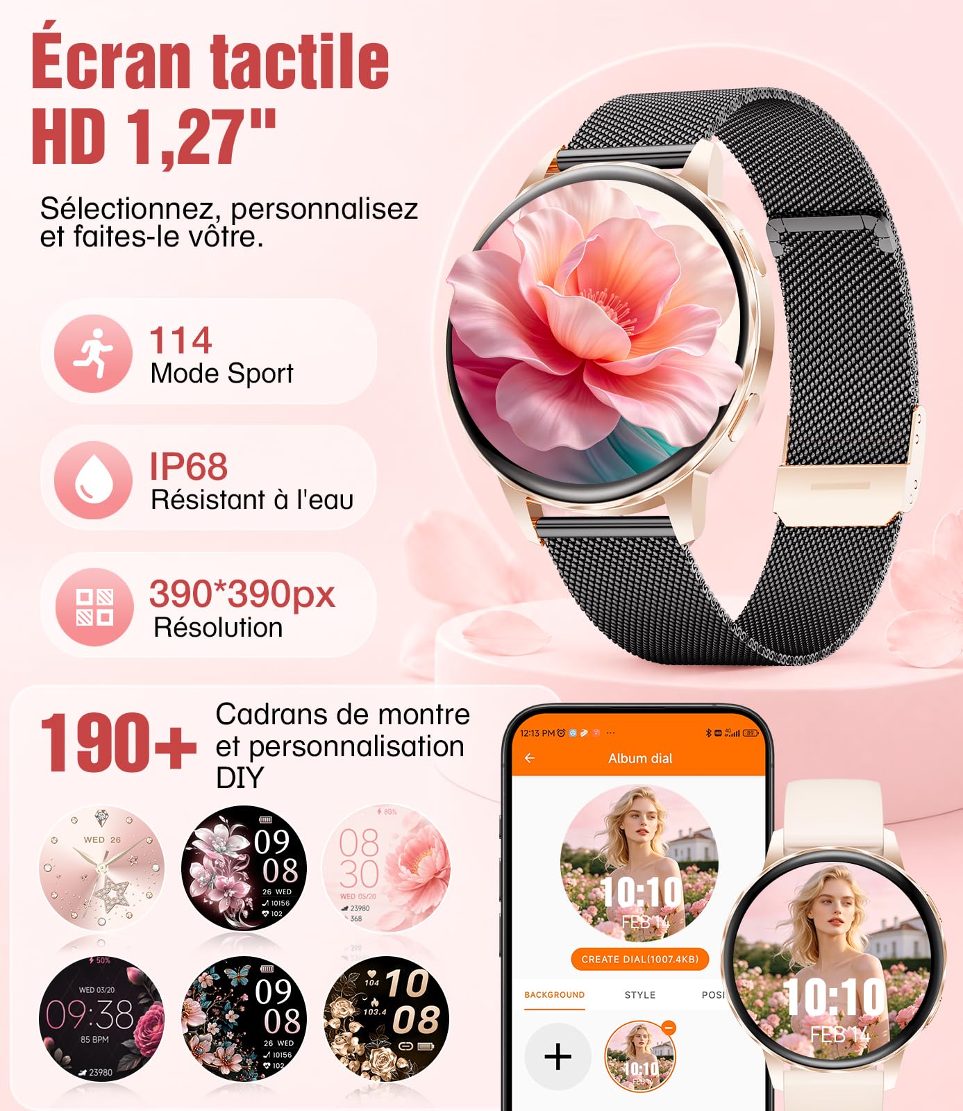 Montre connectée Femme 1.27" Appel Bluetooth Elegant Smartwatch Santé Féminine Fréquence Cardiaque Sommeil Montre Fitness,Podomètre,Calories,100+ Mode Sport,2 Chargeurs,Or Noir Mesh