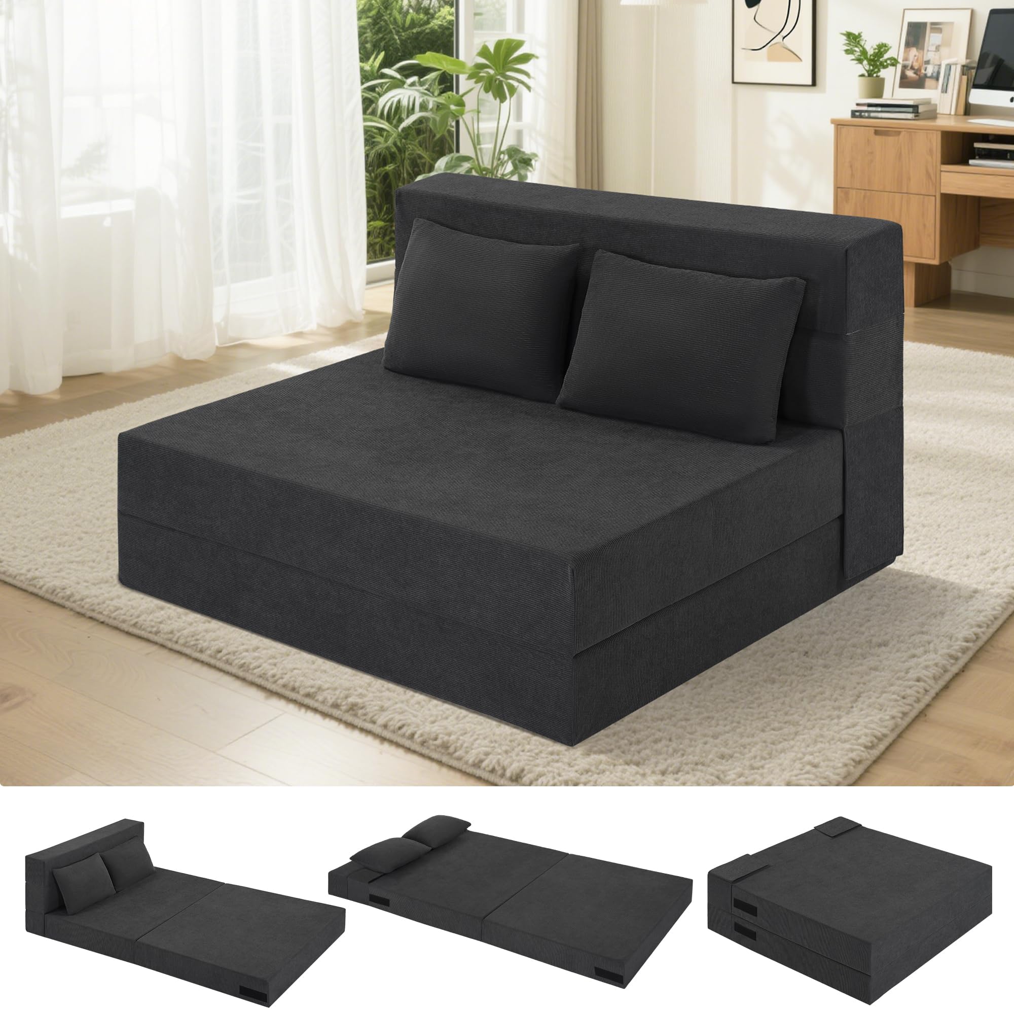 Fvkind Folding Sofa Bed, 4 in 1 Convertible Sleeper Sofa Bed Chair with Pillow, Twin Memory Foam Loveseat Futon Sleeper Chair, Foldable Futon Couch for Living Room, Bedroom, Guest Room, Dark Grey