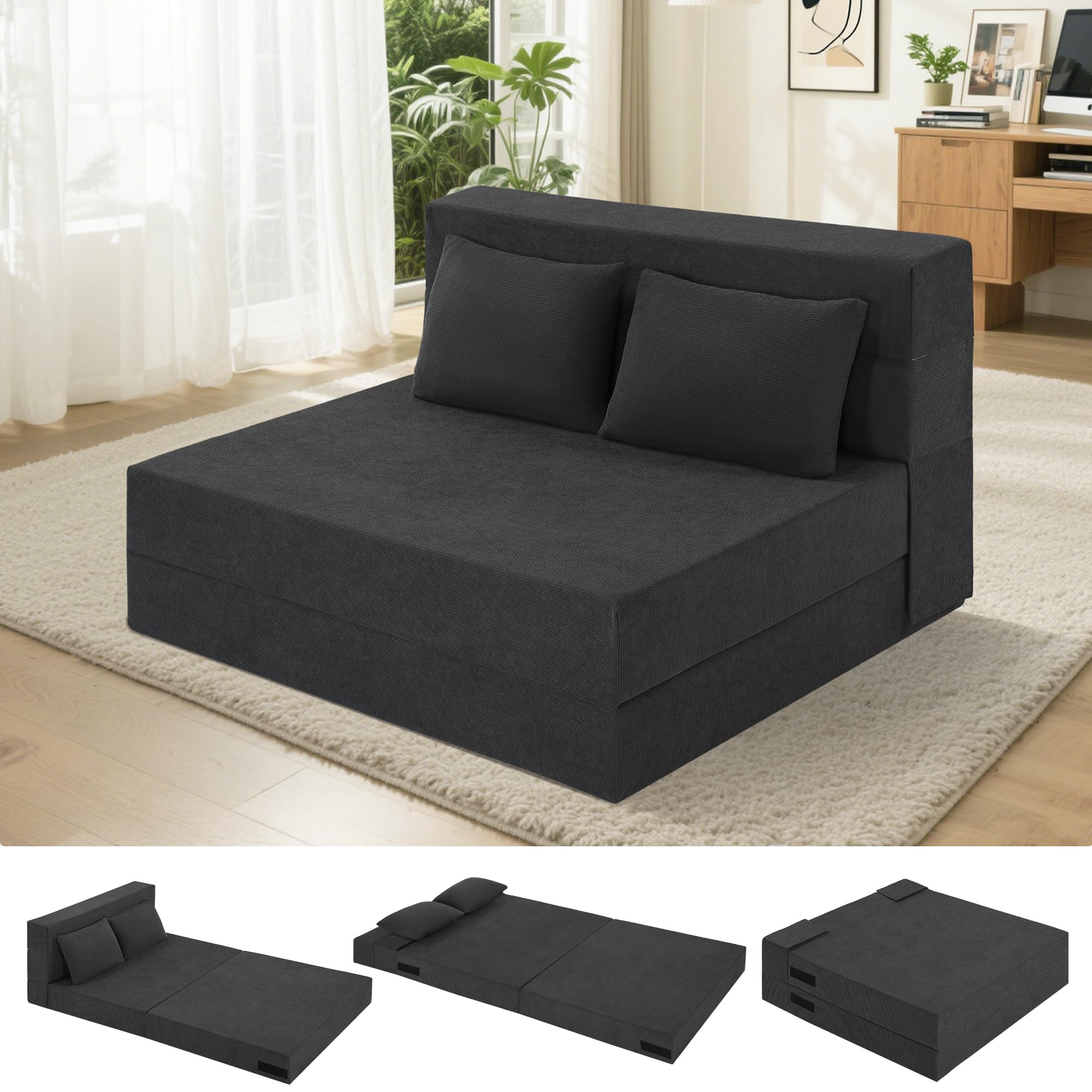 Folding Sofa Bed, 4 in 1 Convertible Sleeper Sofa Bed Chair with Pillow, Twin Memory Foam Loveseat Futon Sleeper Chair, Foldable Futon Couch for Living Room, Bedroom, Guest Room, Dark Grey