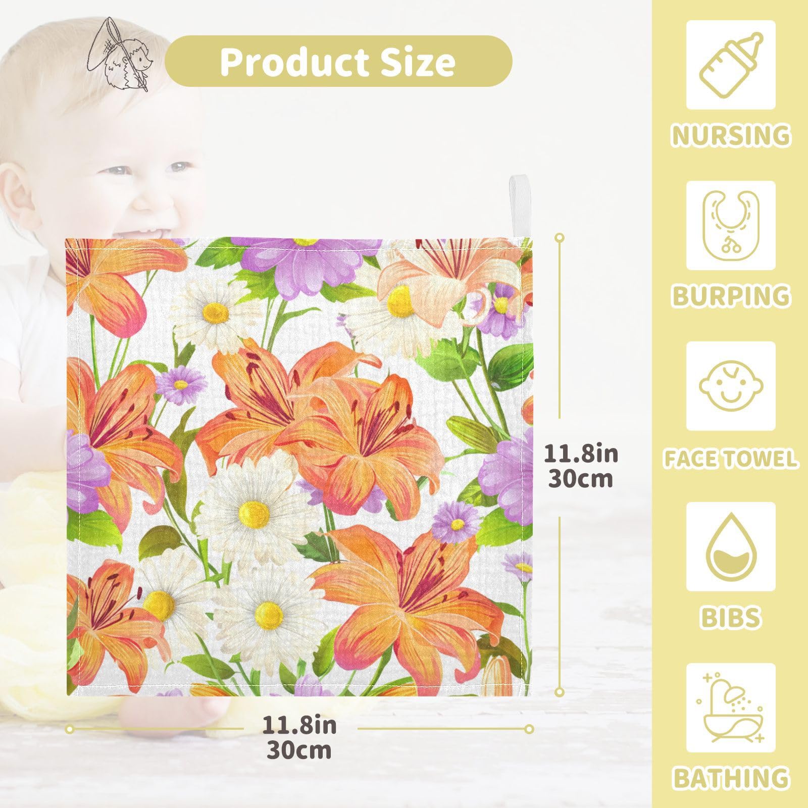 Kigai Floral Pattern Baby Washcloths,5pcs Ultra Soft Absorbent Towel,Newborn Bath Face Towel, Natural Reusable Baby Wipes for Sensitive Skin, Baby Registry as Shower