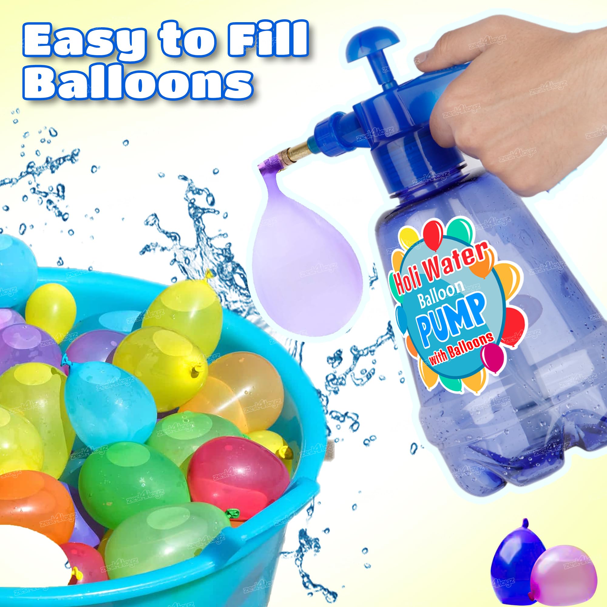 Zest 4 Toyz Holi Water Balloon Pump Kit with 200 Colorful Water Balloons Easy to Use Water Pumping Station Perfect for Holi and Summer Outdoor Fun for Kids - Random Color Dispatch