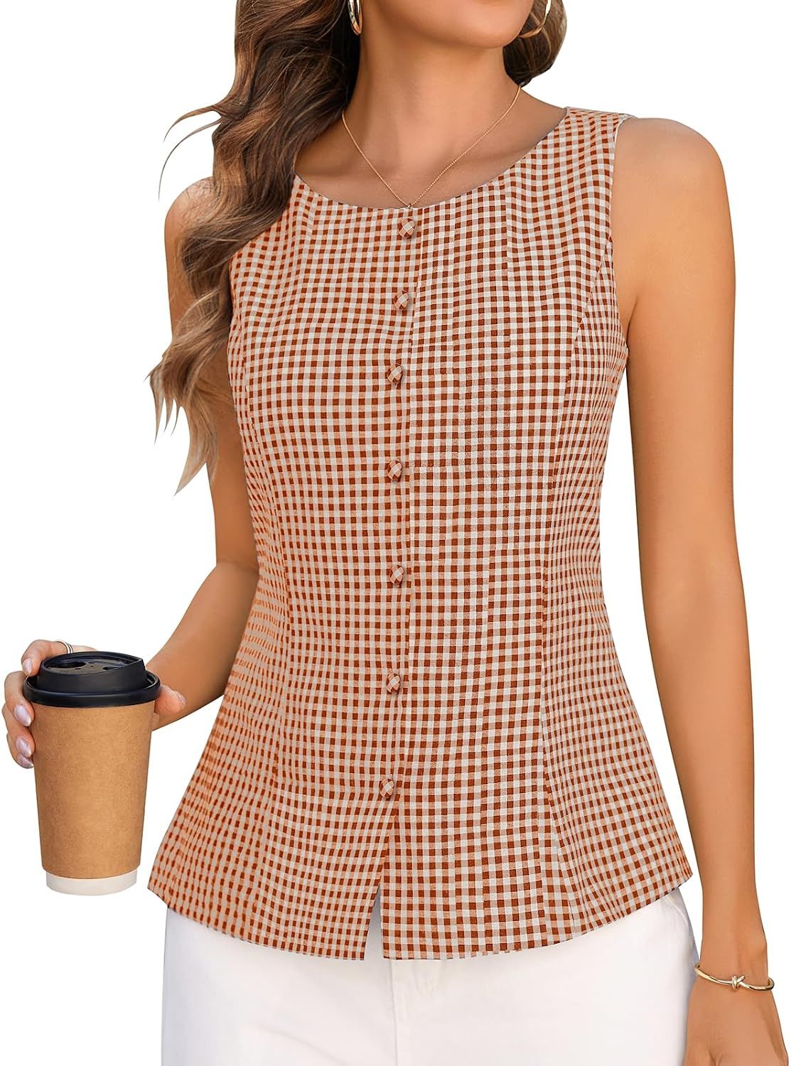 Summer Plaid Tank Top for Women Business Casual Sleeveless Button Down Shirts Cinch Waist Gingham Tops with Lining