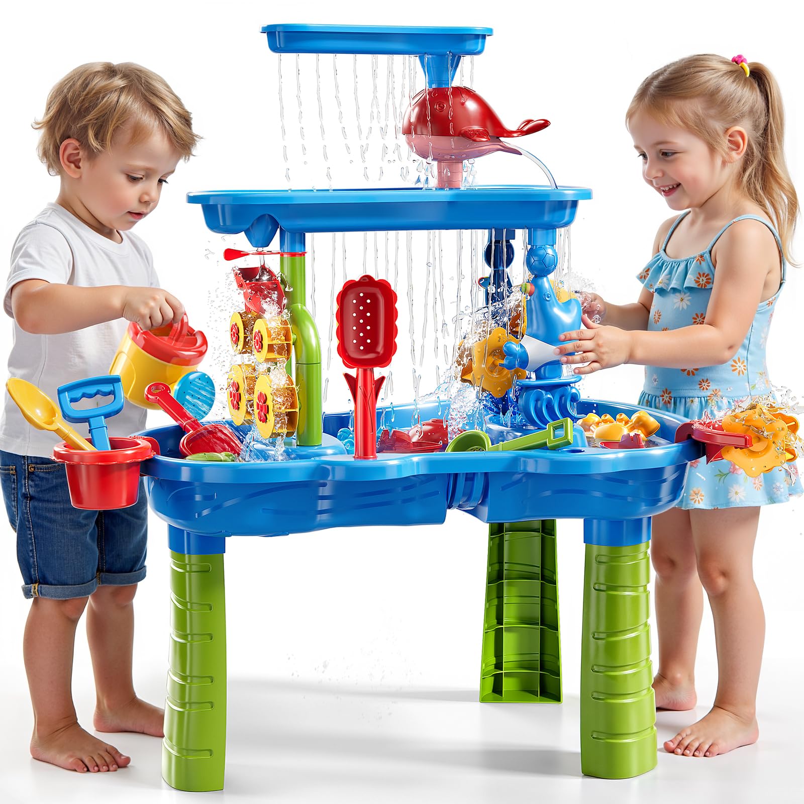 3-Tier Sand and Water Table for Kids, Summer Outdoor Beach Outside Backyard Activity Sensory Kids Sand and Water Table, Birthday Gifts for Toddler Boys Girls Ages 3 4 5 6 7 8