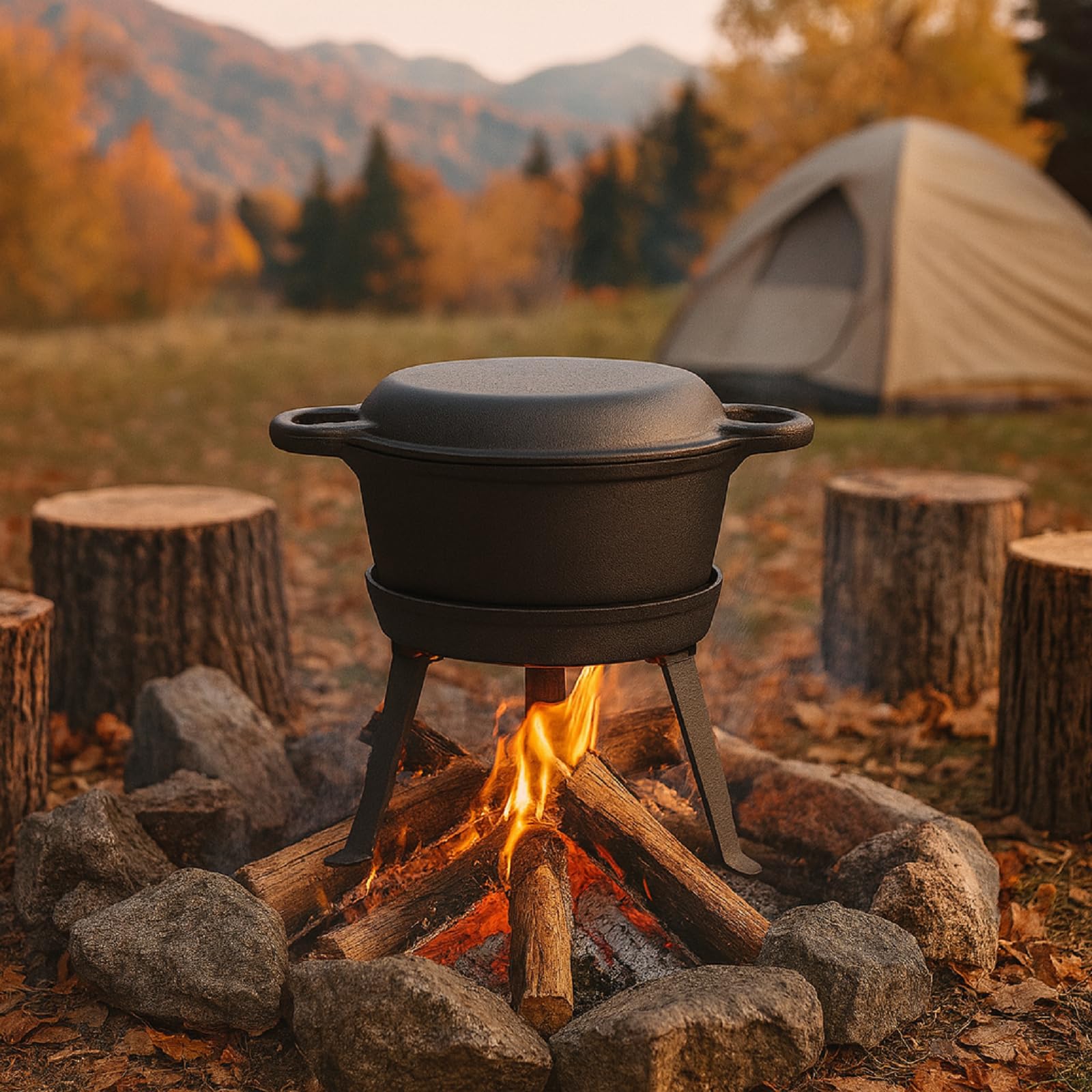 QLS Dutch Oven 10 L aus Gusseisen 3in1 mit Deckel für Camping Outdoor
