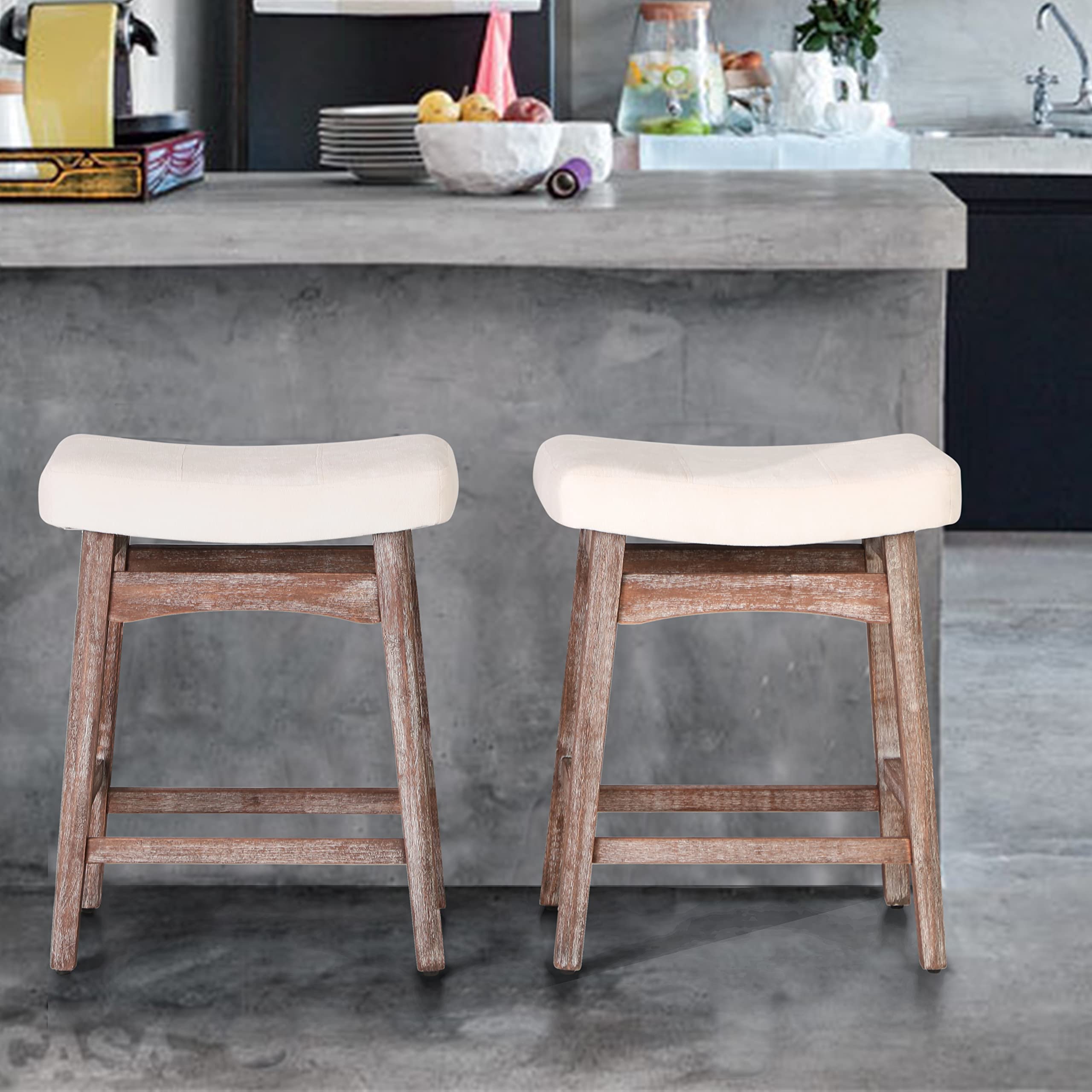 ALPHA HOMEBar Stools Set of 2, Solid Wood Saddle Kitchen Stools with Beige Linen Fabric Cushion Counter Height Barstools with Vintage Farm Wooden Base for Kitchen Dining Cafe, 24 Inch, Beige, 2PCS