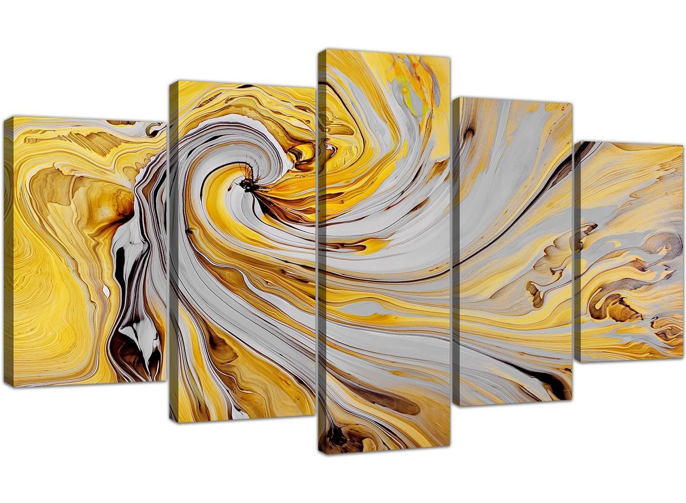 Wallfillers Extra Large Mustard Yellow And Grey Spiral Swirl - Abstract Canvas Split 5 Panel - 5290