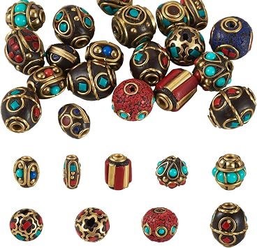 20Pcs Tibetan Style Brass Bohemia Vintage Beads - Synthetic Turquoise Metal Bead Antique Golden Plated Round Oval Barrel Retro Spacer Beads for Jewelry Making Bracelet Necklace DIY Crafts