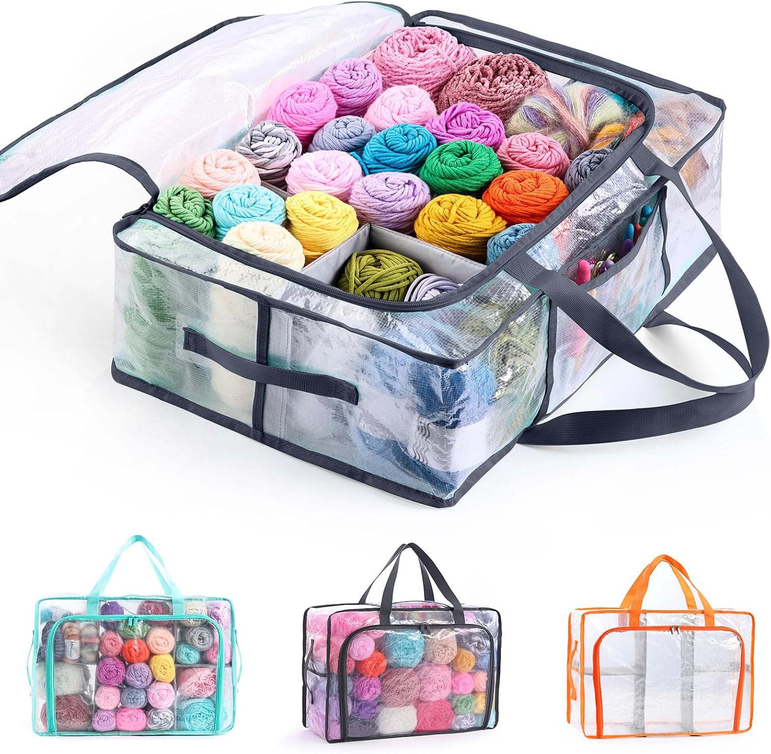 MYBAGZING Clear Yarn Storage Bags, 21" Large Flat Under Bed Yarn Organizer with Zipper & Handles, Stackable Knitting and Crochet Storage for Closet Shelves, Craft Room, Yarn Skeins, Hooks & Needles