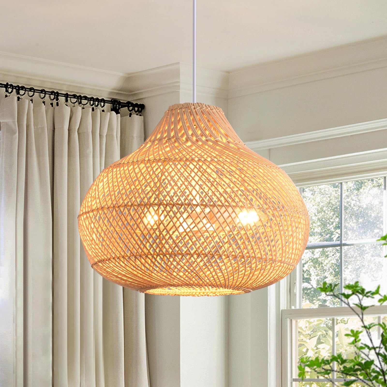 (similar)Rattan Pendant Lights, Large Wicker Chandelier Hand-Woven Boho Pendant Light Bohemian Rattan Basket Hanging Light for Dining Room Kitchen Island Living Room Bedroom 15.4"