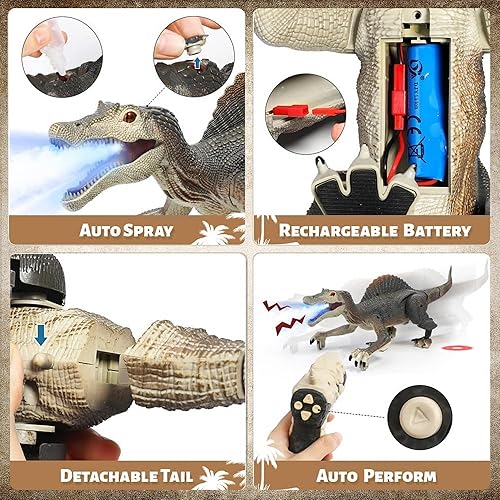 Miniatura 7 de Juguetes de dinosaurio RC a control remoto para niños, juguetes de dinosaurio para niños, espinosaurio jurásico realista con aerosol ligero 3D para