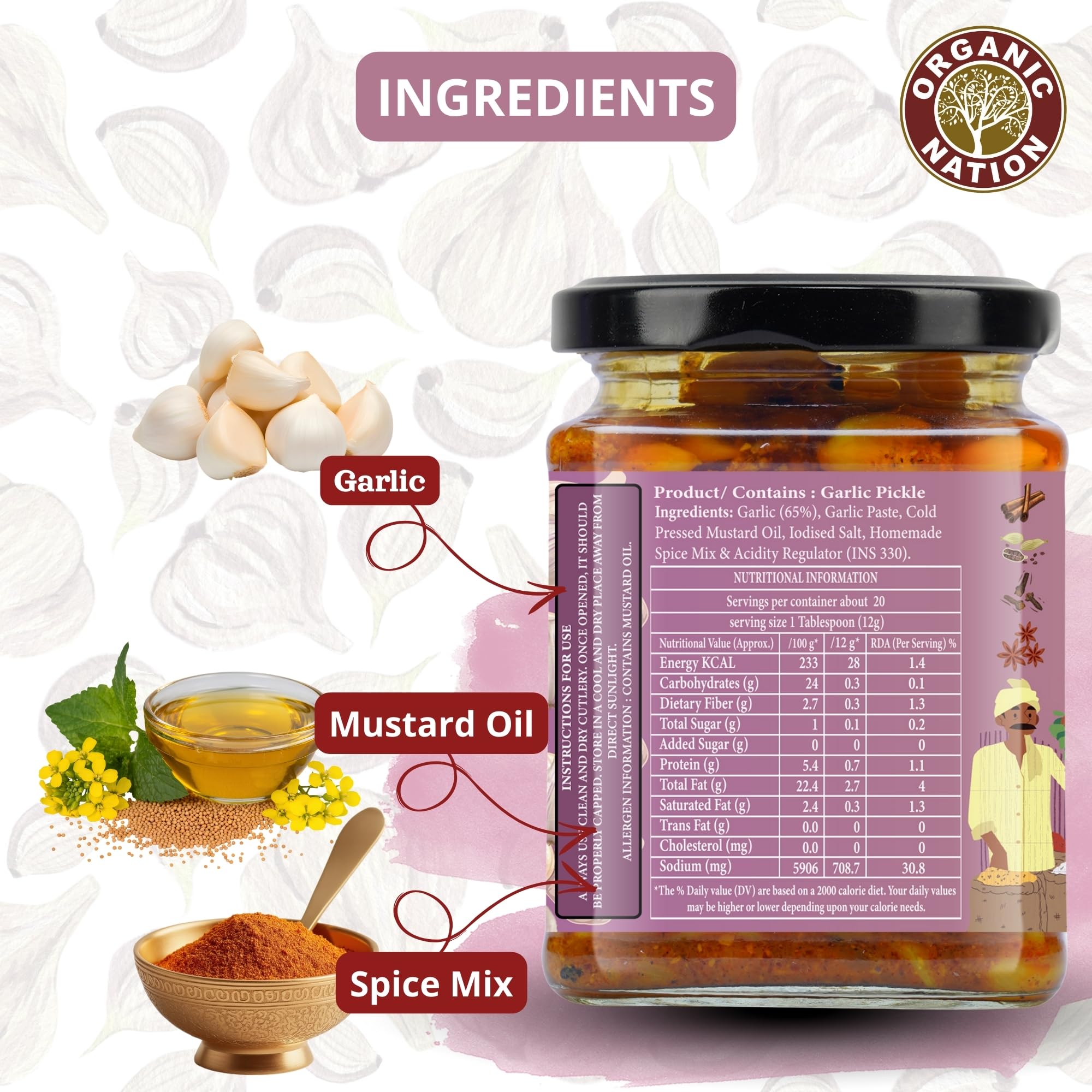 ORGANIC NATION Lahsun Achari Twist Garlic Pickle - Authentic Lahsun Ka Achar with Rich Flavor Premium Garlic Achar for Traditional Taste 250g Jar, Natural Ingredients, No Preservatives Vibrant Color 3