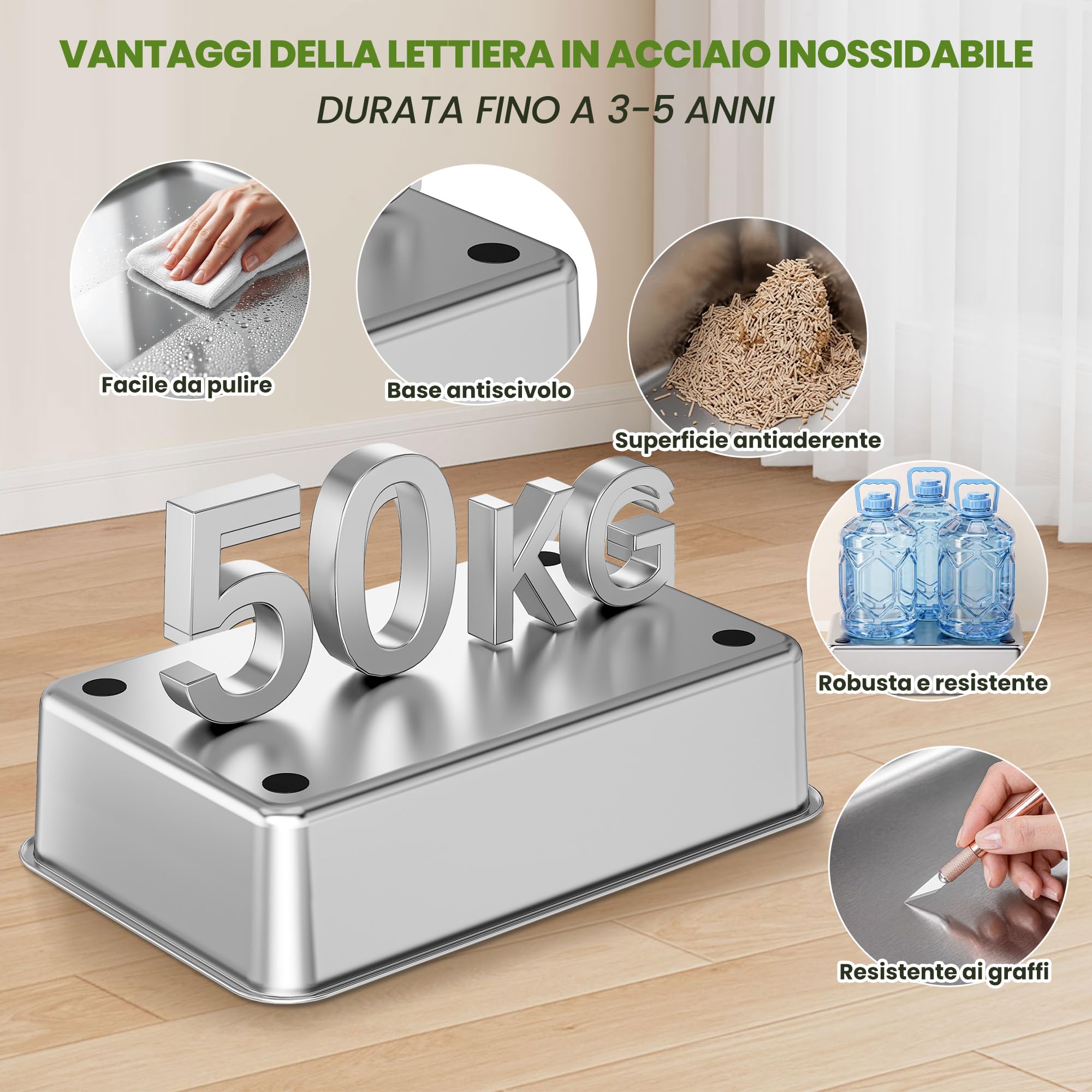 XXL Lettiera Gatto Chiusa in Acciaio Inox – 3-in-1 Lettiera Gatto Chiusa Grande con Coperchio, Modulare, con Filtro a Carbone Attivo, Coperchio Ribaltabile 180°, Pala Metallica & Tappetino