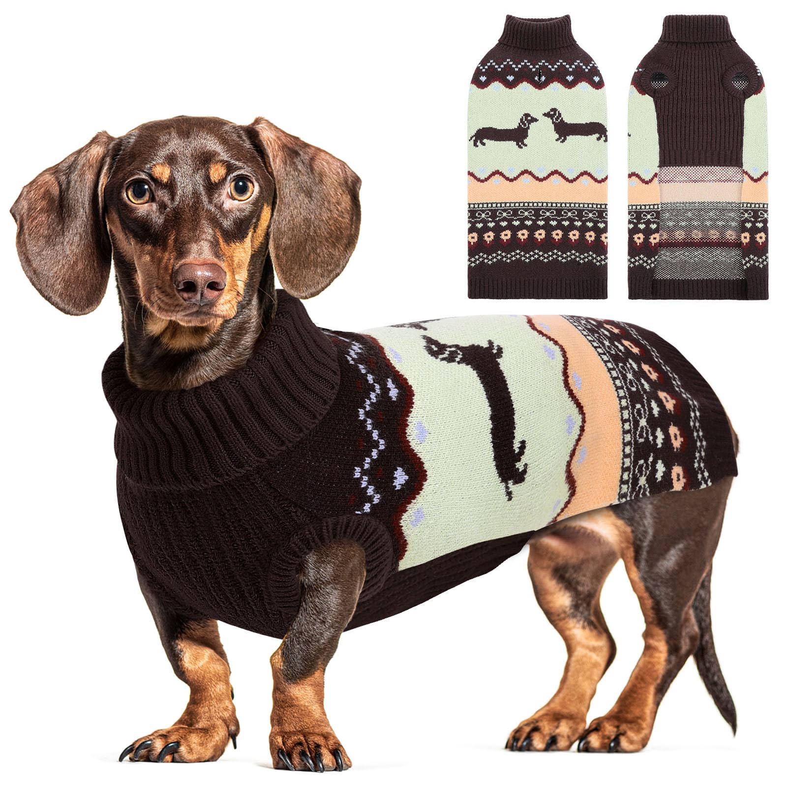 CITÉTOILE Maglione Cane Natale Colle Alto per Bassotto Marrone L | Maglia Invernale a Taglio Lungo Speciale, Pullover Caldo con Motivo Festivo, Abbigliamento per Cani di Taglia Piccola e Media