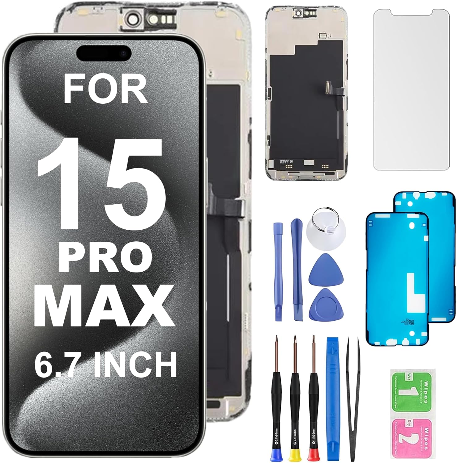 for iPhone 15 PRO MAX Screen Replacement.6.7Inch[LCD] Display.3D Touch LCD digitizer Assembly for (A 3105 A3106 A3108 with Repair Tools, Waterproof Membrane, Protective Screen