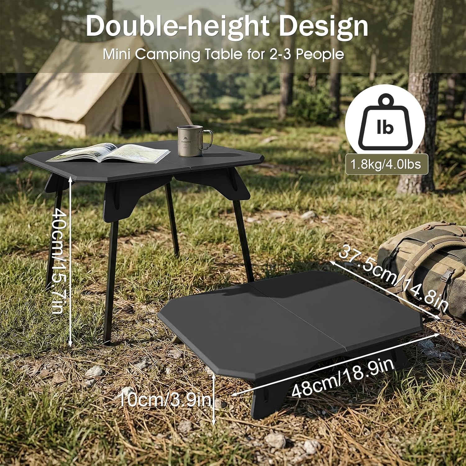 Folding Camping Table, 2-in-1 Adjustable Height Portable Outdoor Aluminum Camp Desk with Carrying Bag, Lightweight Foldable Table for Picnic, Beach, BBQ, Hiking, Fishing, Travel (Black)