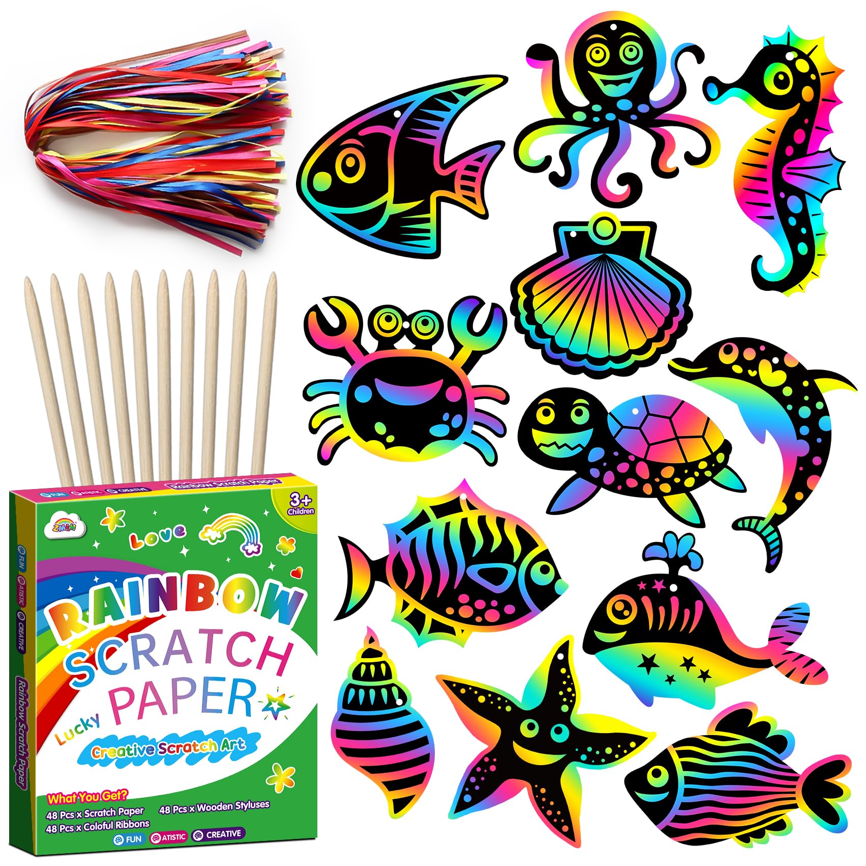 ZMLM Scratch Art for Kids – 48Pcs Rainbow Scratch Paper (Ocean)