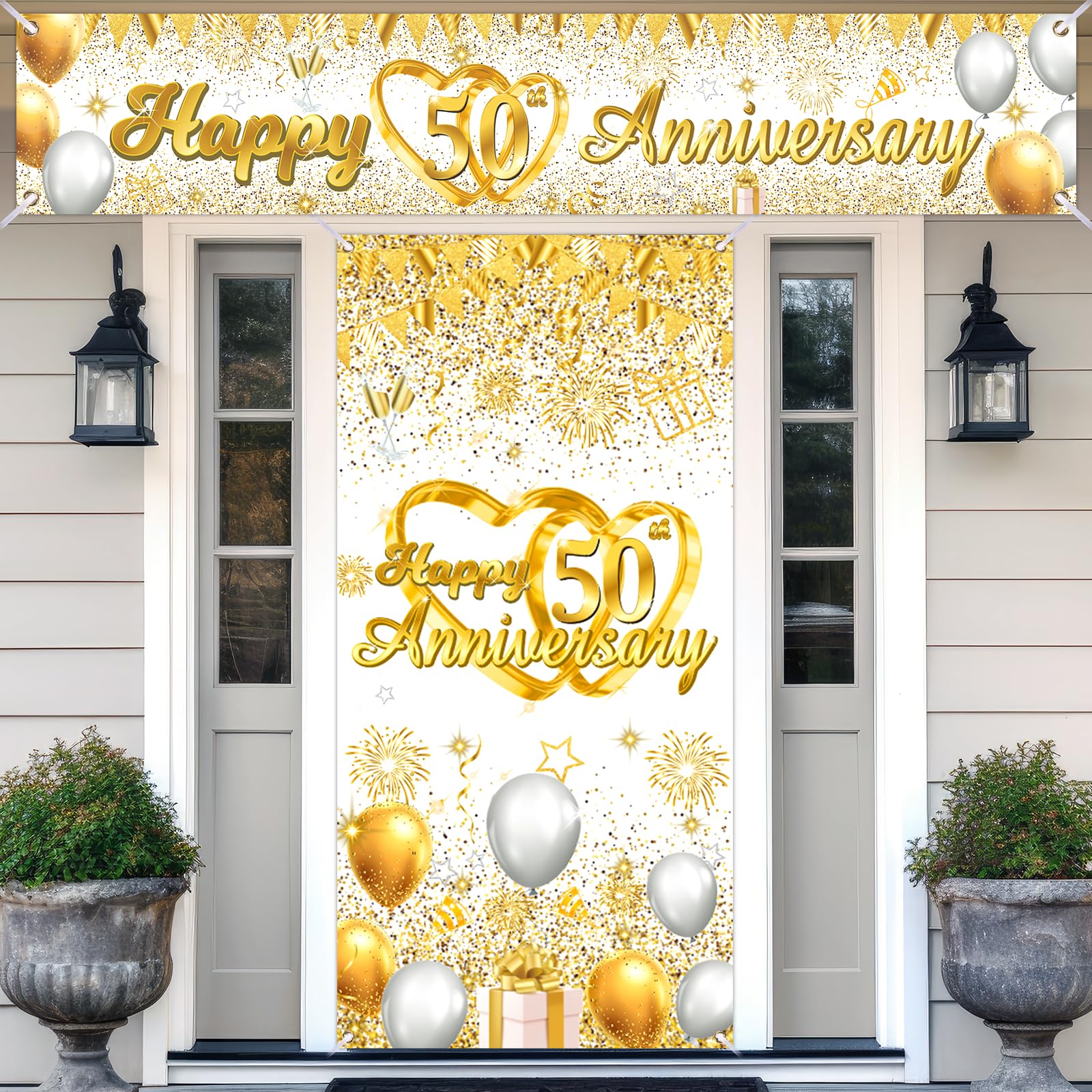 2Pcs 50th Wedding Anniversary Banner Decorations White Gold Happy 50th Anniversary Door Cover Banner&Porch Yard Banner Sign Backdrop Set for Men Women Wedding Party Supplies Decor