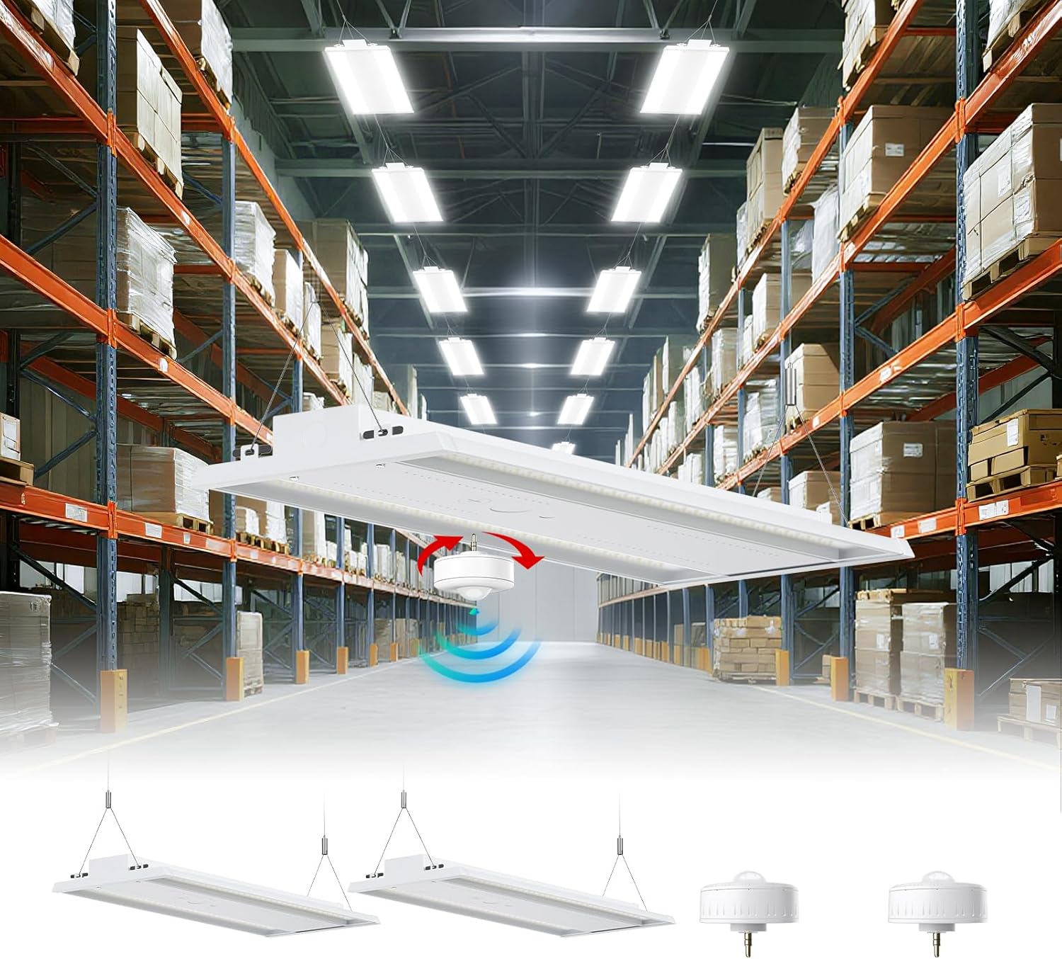 400W LED Linear High Bay Light 4FT, Adjustable 400W/320W/240W/100W With Motion Sensor, 60000LM, 120-277V, 0-10V, 5000K, Commercial Linear High Bay Led Shop Lights for Warehouse Workshops, 2 Pack, UL