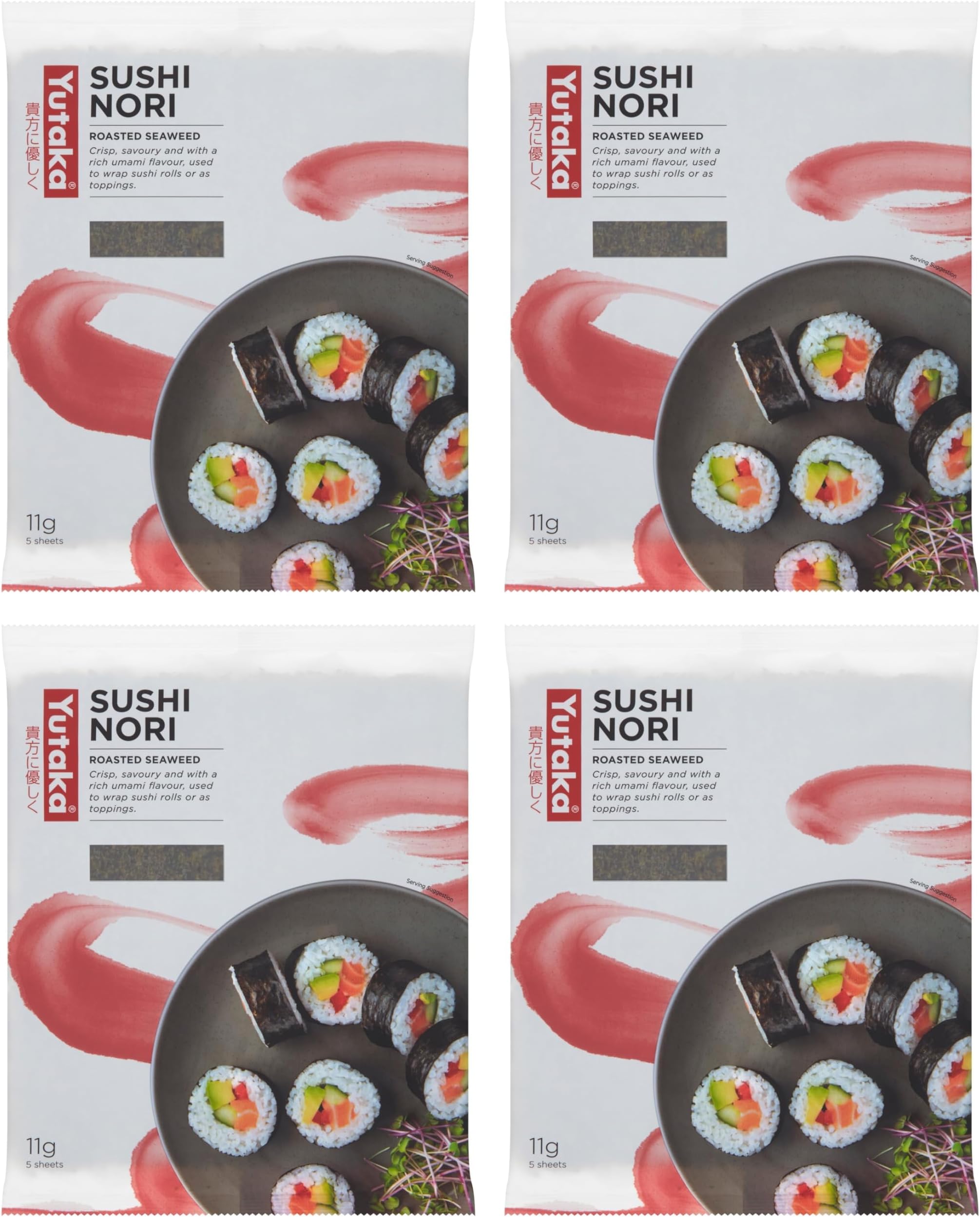 Yutaka - Sushi Nori, 11g (5 Sheets) x Pack of 4 - Japanese-Style Roasted Seaweed - Crisp & Umami-Rich - Ideal for Sushi Rolls, Soups & Rice Bowls - Natural, Vegan-Friendly & Ready to Use