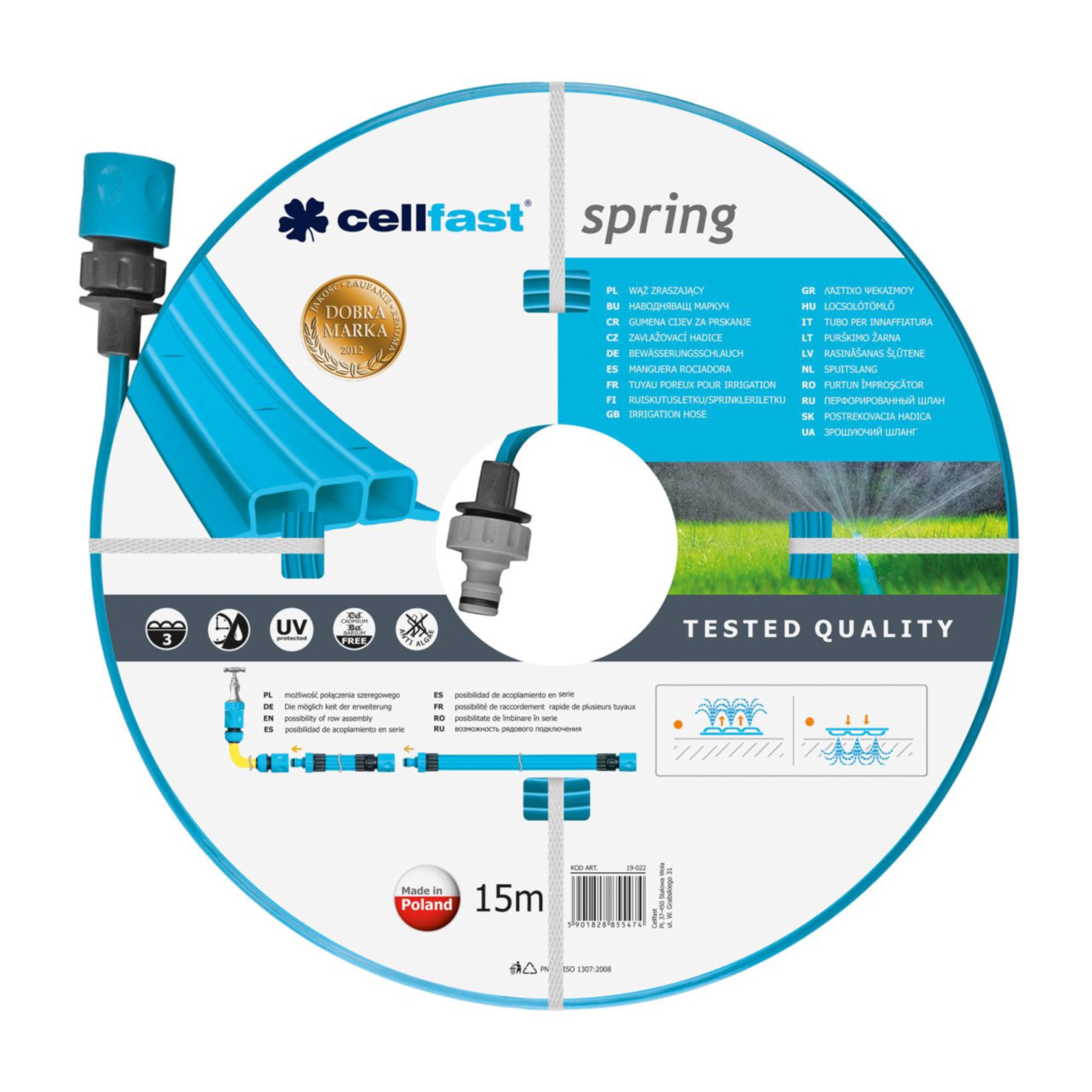 Cellfast Tuyau d'arrosage SPRING, 3 canaux avec jeu de buses, Irrigation uniforme, résistant aux UV, 1/2", 15m, 19-022N 38 x 38 x 8 cm Multicolore