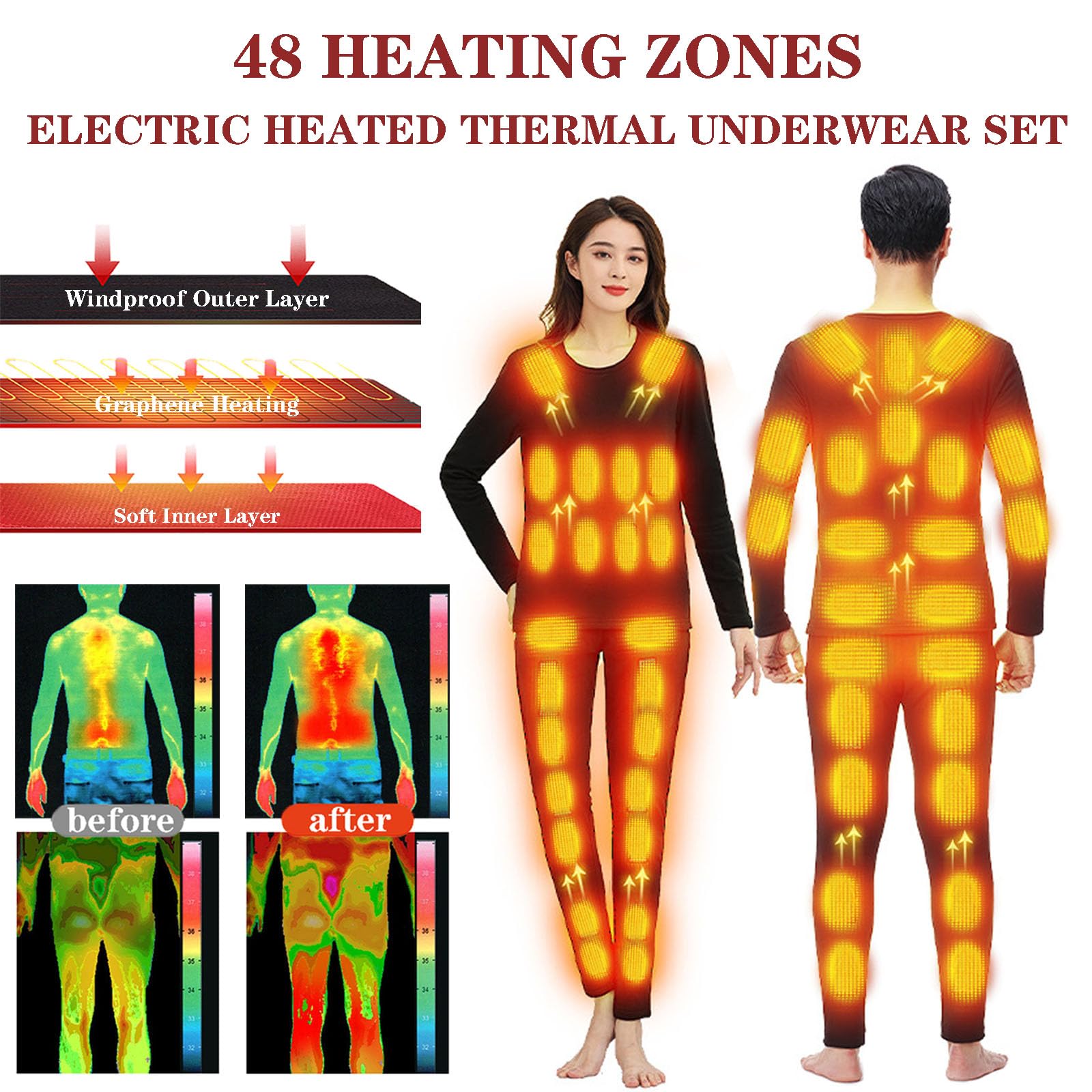 48 Zones sous-Vêtements Thermiques Chauffés avec APP Et Télécommande, Ensemble De Couche De Base Doublée en Molleton