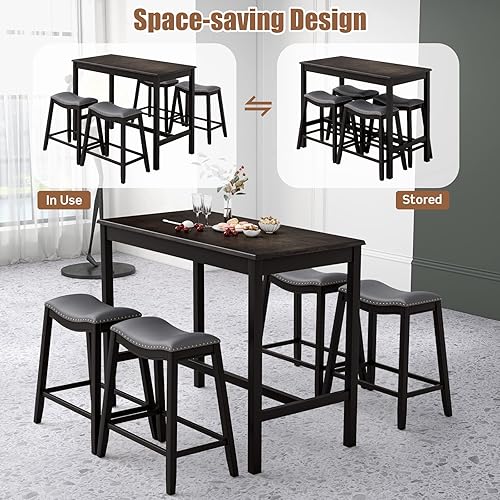 Miniatura 6 de COSTWAY Juego de mesa de comedor de 5 piezas para 4 diseño que ahorra espacio taburete tapizado con patas de madera de goma maciza mesa de desayuno