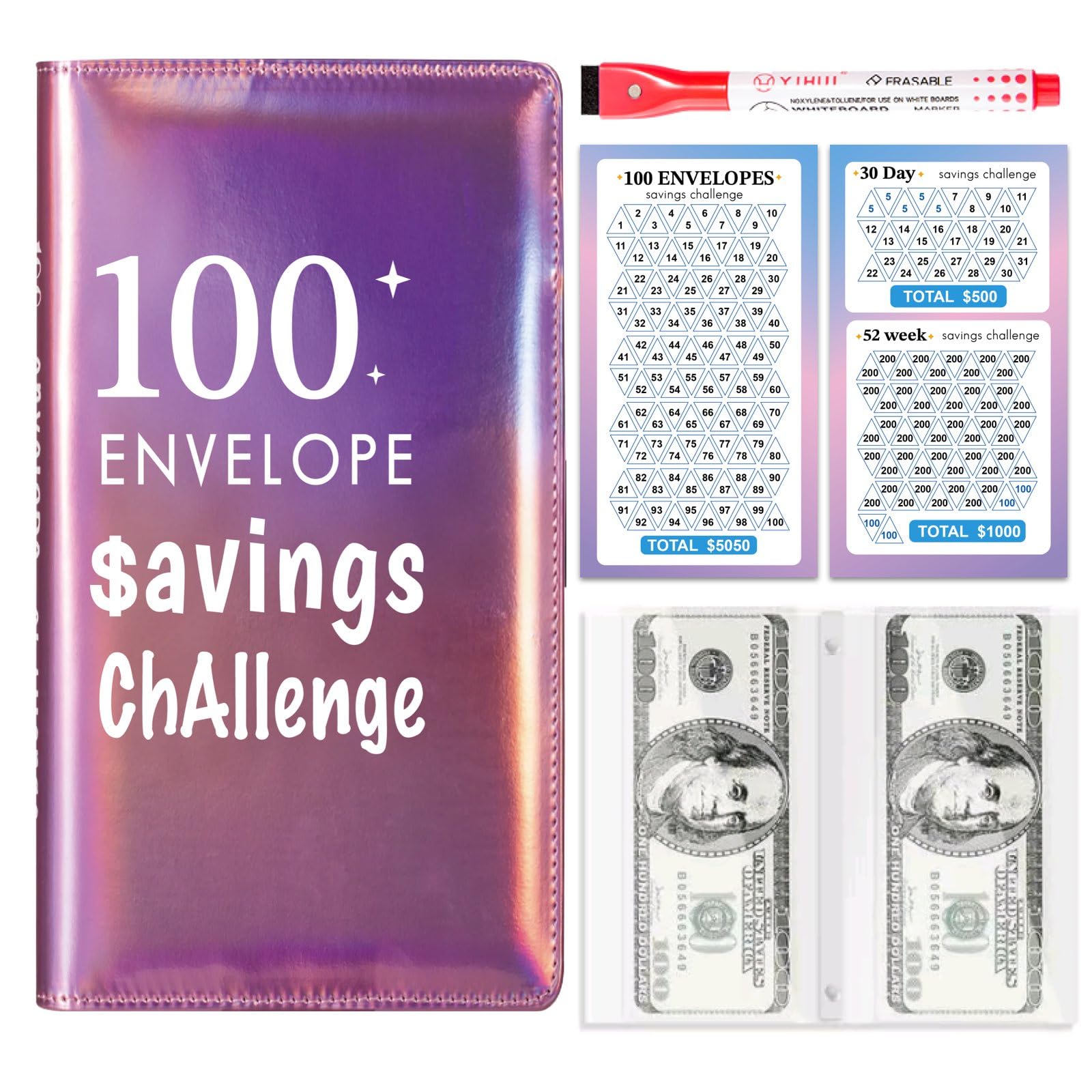100 Envelope Savings Challenge Binder, Money Saving Binder with Cash Envelopes, from 30 Days to 52 Weeks, to Save $500,$5,050 and $10,000, back to