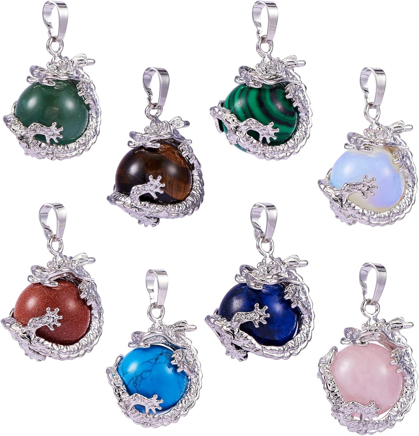 8 Pcs Dragon Wrapped Pendant Round Gemstone Charm Cylinder Crystal Round Ball Necklace with Platinum Brass Findings for Jewelry Making