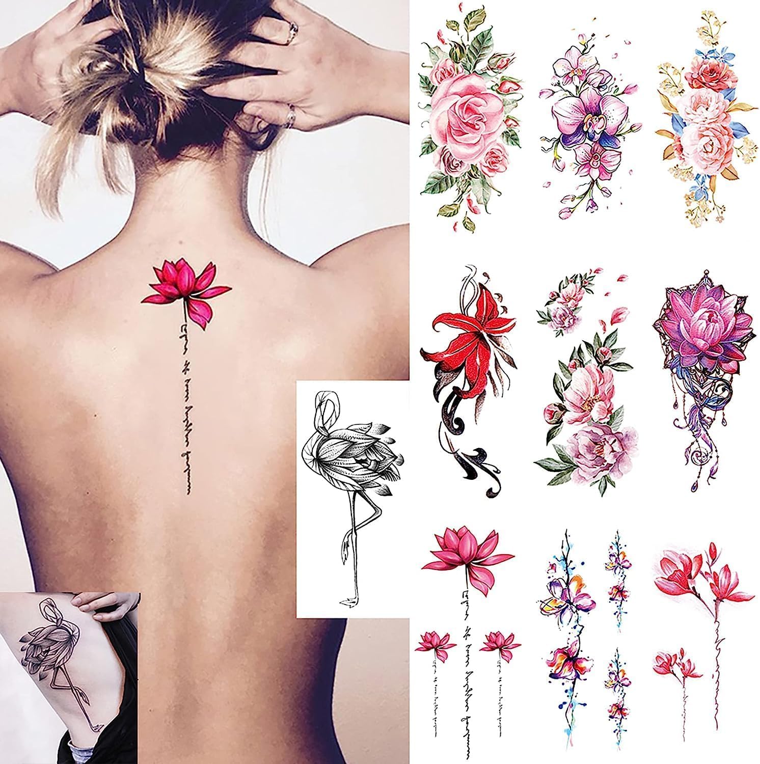 Ooopsi 10 Sheets Large Flower Temporary Tattoos - Sexy Body Tattoo Sticker for Women Girl for Arms Legs Shoulder or Back