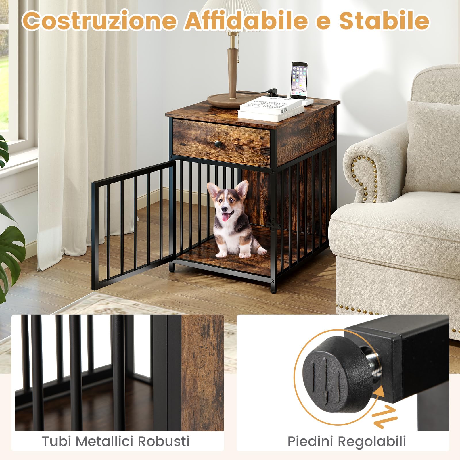 COSTWAY Gabbia per Cani con Stazione di Ricarica e Armadietto Multiuso | Cuccia per Cani in Legno con 2 Prese AC, 2 Porte USB e 1 Porta Type-C, Cassetto e Tubi Metallici, 81 x 37 x 115 cm