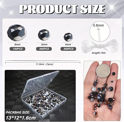 Miniatura 2 de TOAOB - 1000 cuentas de cristal Briolette de 0.157 in, 0.236 in, 0.315 in, cuentas espaciadoras facetadas Rondelle, cuentas sueltas negras para