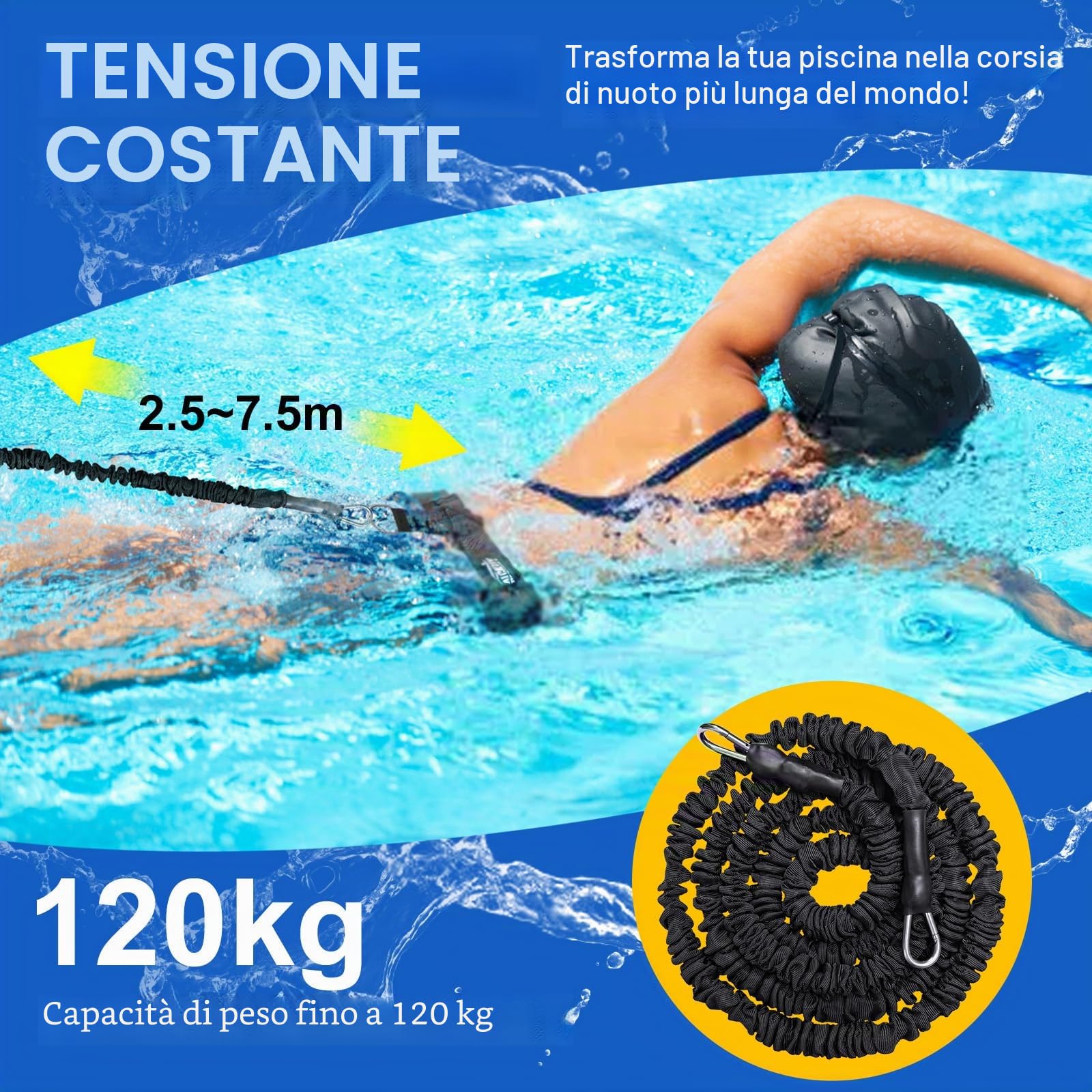 Cintura di nuoto per piscine | 2,5-7,5M Cintura di resistenza regolabile | Adatta per adulti e bambini | Accessorio di nuoto per tutte le piscine