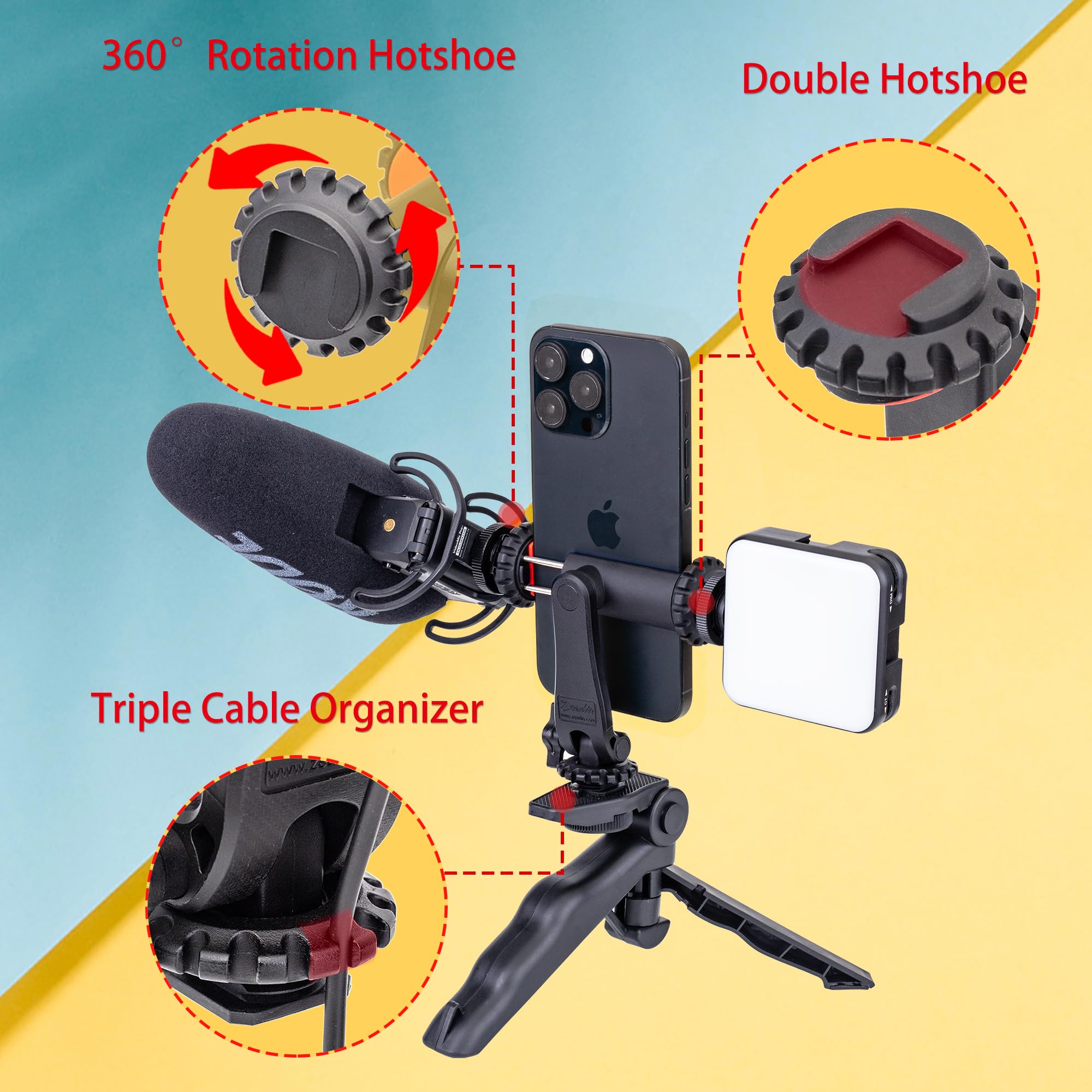 Zeadio Mini kit de trépied pour téléphone portable, stabilisateur de poignée de table avec support pour téléphone portable, compatible avec tous les smartphones iPhone et Android