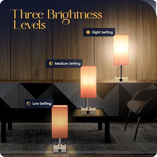 Miniatura 2 de Lámpara de noche con puertos USB, lámpara de mesa de control táctil para dormitorio con puertos de carga USB C+A y salidas de CA, luz regulable de 3