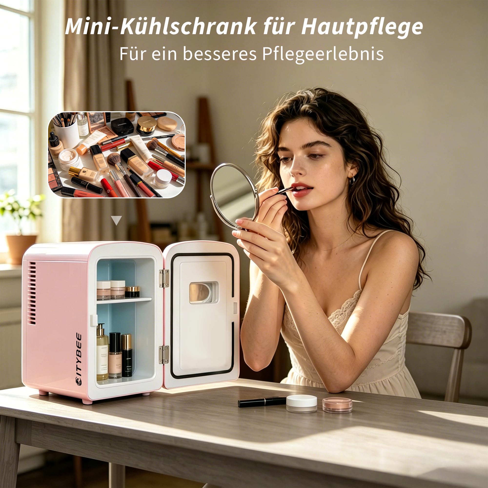 Citybee Mini Kühlschrank 4L mit Kühl- & Heizfunktion 220V AC 12V DC Rosa