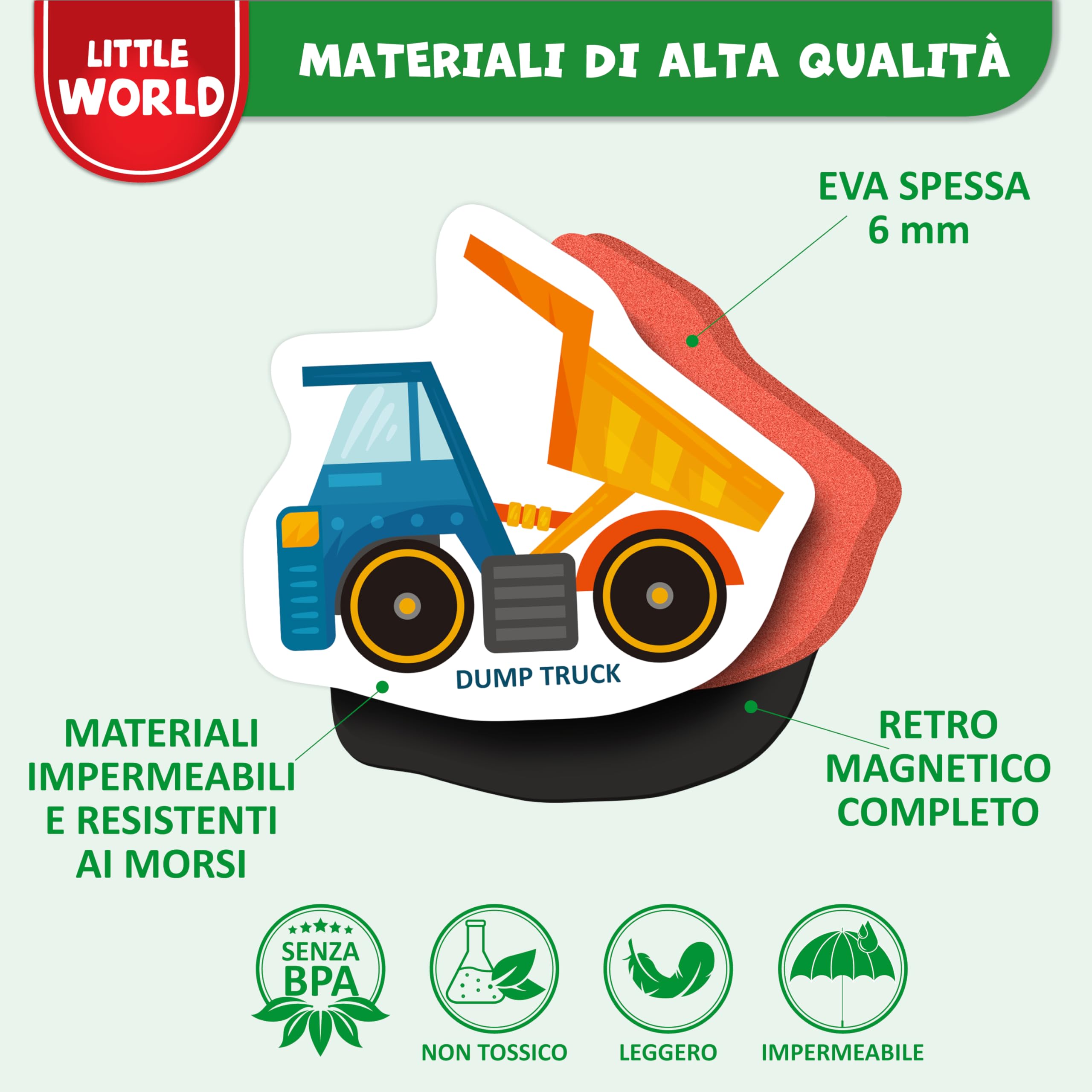 Little World 25 magneti da frigo per bambini da 1 a 3 anni, sicuri, durevoli, impermeabili, in schiuma, con confezione regalo colorata, magneti atossici per veicoli e professioni, per bambini e