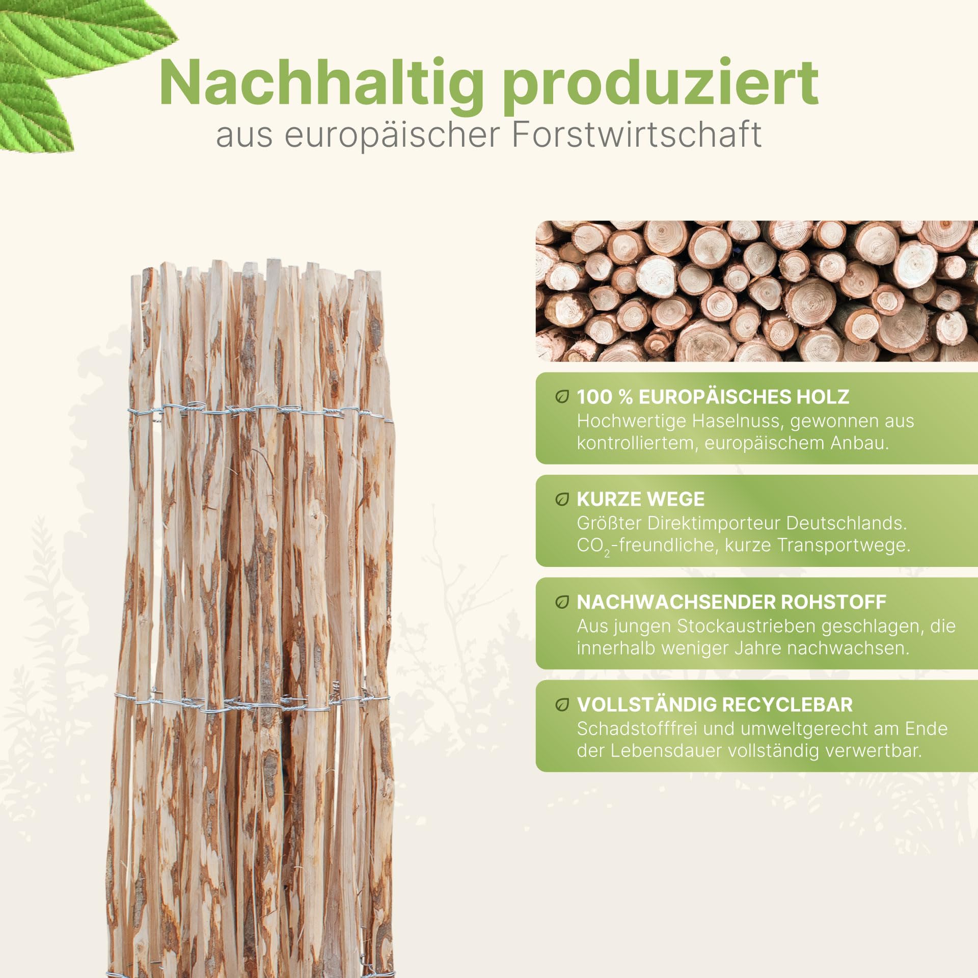 Staketenzaun Haselnuss Höhe 150 cm, Länge 5 Meter, Lattenabstand 3-5 cm