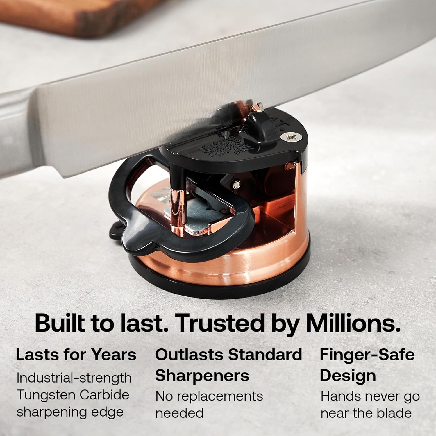 AnySharp – Chef – Hands Free Knife Sharpener - Easy to Use Sharpening Tool with PowerGrip Suction Base and 20-Degree Pre-Set Angle - for All Knives: Chef's, Serrated, and Hardened Steel - Copper