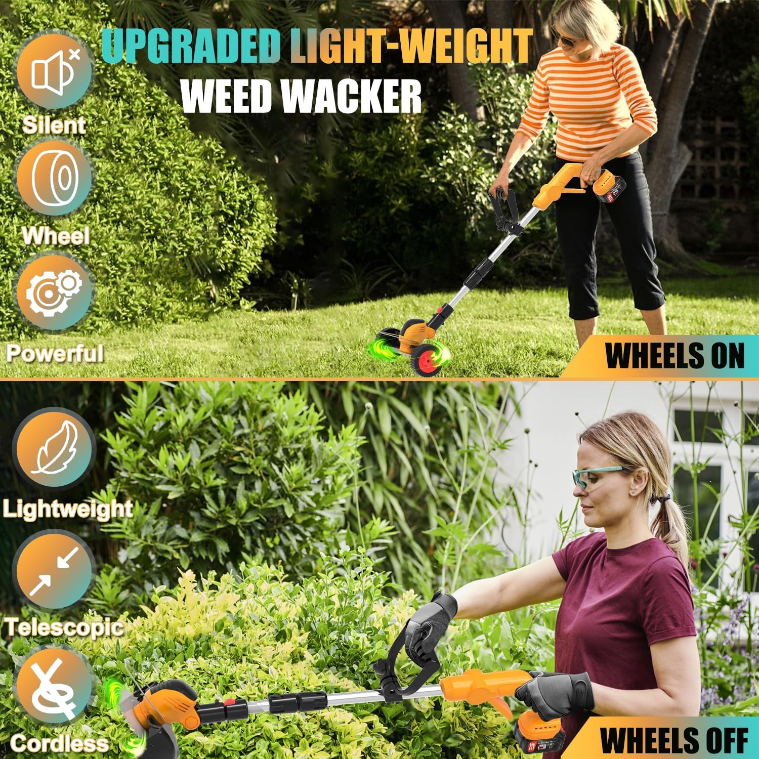 Electric Weed Wacker Cordless Battery Powered, Weed Cordless Eater with 2X 21V/4.0Ah Battery Operated & Wheels 3 Types Blades, 3 in 1 Stringless Grass Trimmer/Edger/Brush Cutter for Garden Yard Lawn - Image 2