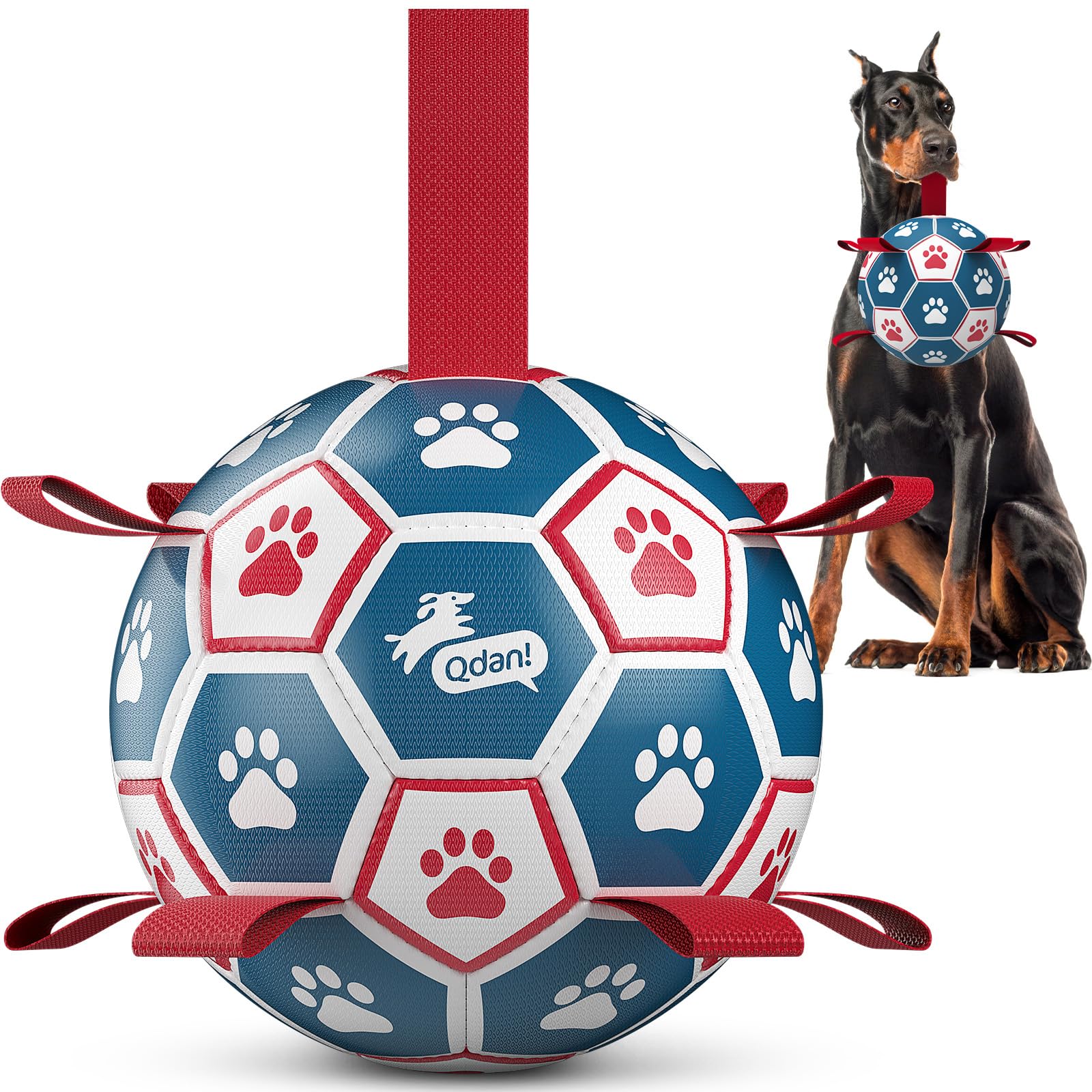 Dog Soccer Ball 6" Medium Red-Blue Interactive Herding Puppy Toy with Straps