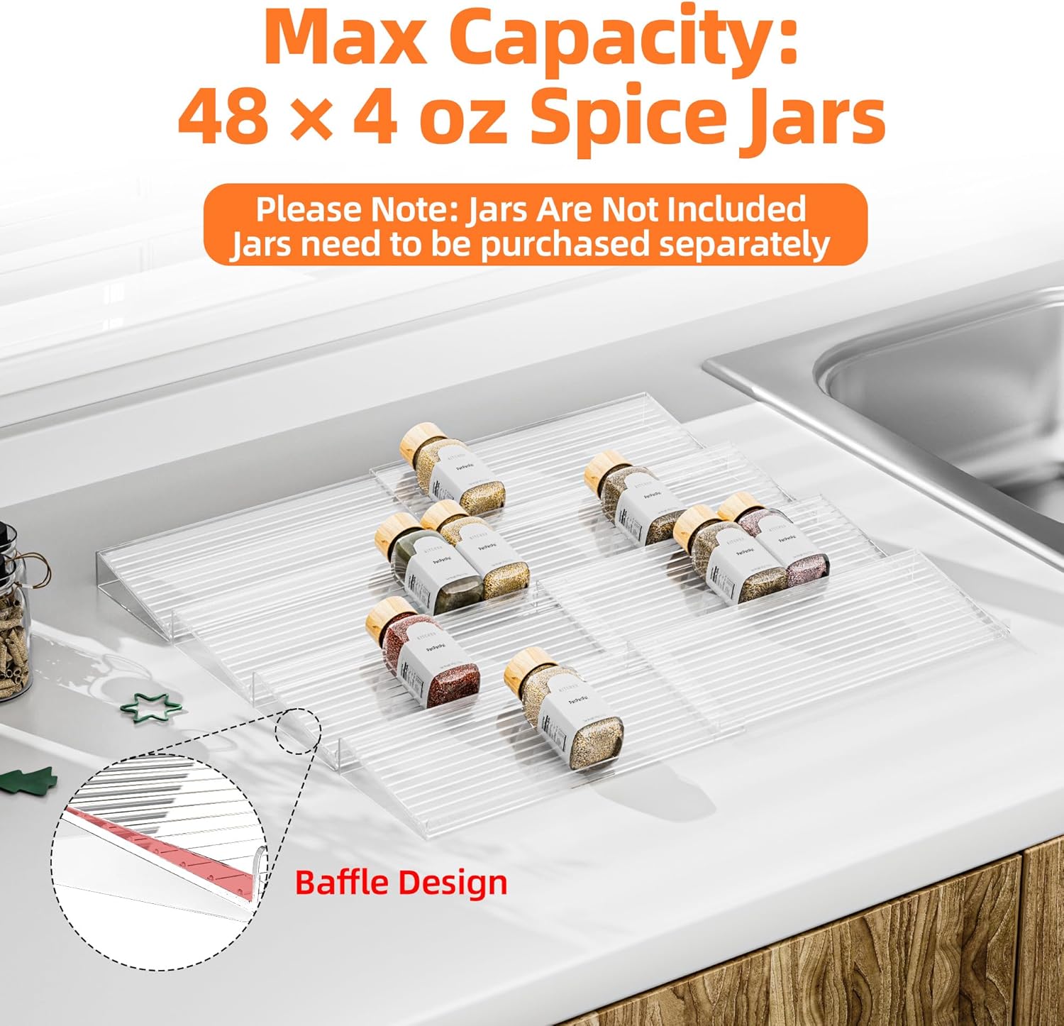 MUDEELA Clear Spice Drawer Organizer, 4 Tier- 2 Set (8 Packs) Spice Rack for Drawer, Expandable From 11" to 22" Kitchen Seasoning Organizers and Storage for Drawer (Jars not included) - Image 4