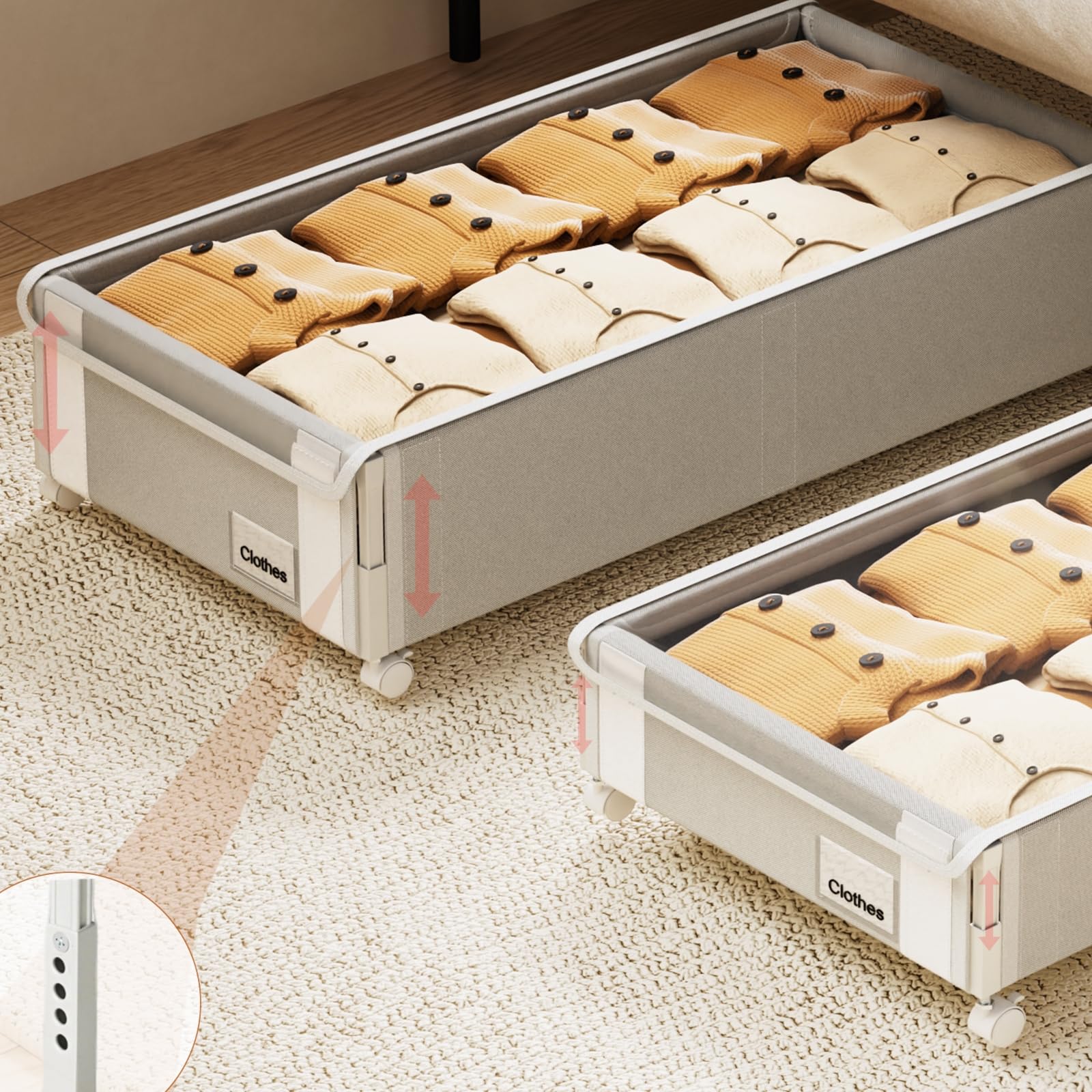 Fokyfok 2Pack Under Bed Storage with Wheels,6.7"-9" Adjustable Height Underbed Storage,Under Bed Storage Containers,Rolling Under Bed Clothes Storage,Metal Under Bed Drawers for Shoes,Blankets,Toys