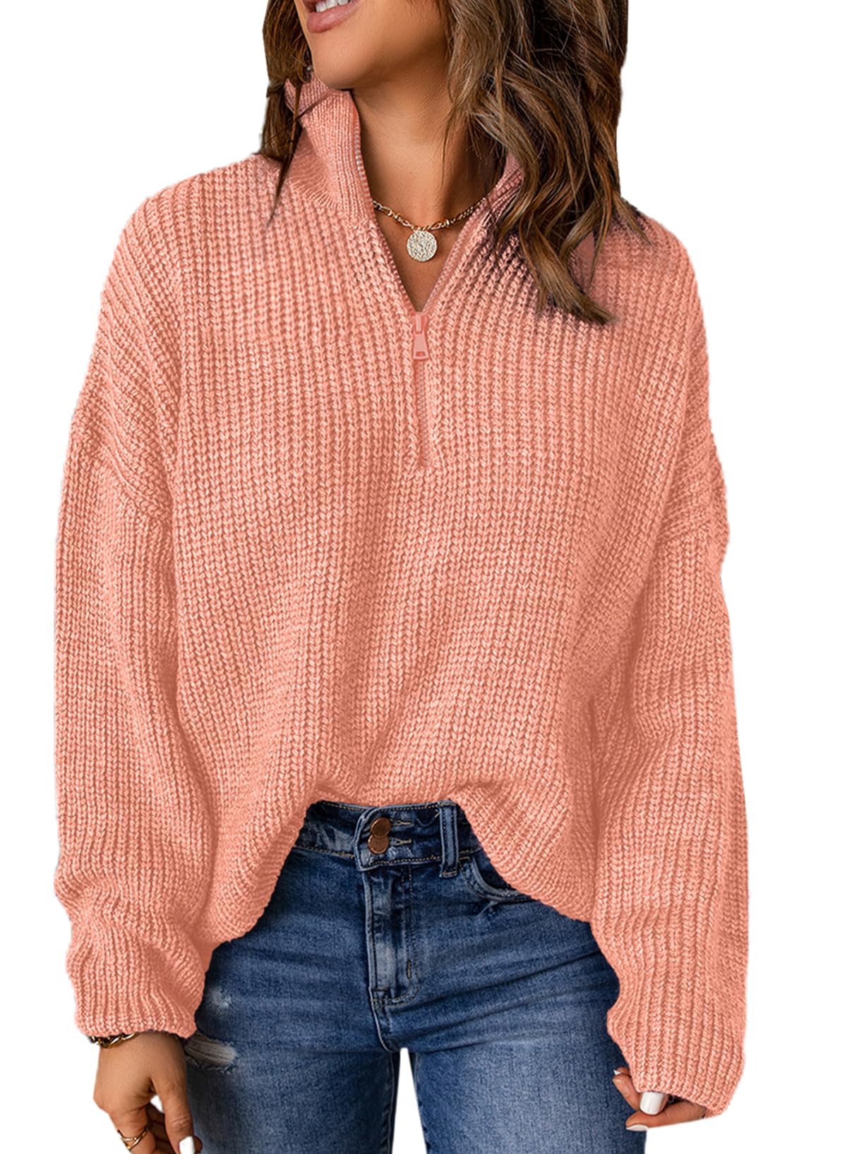 Dokotoo Womens Sweaters 1/4 Zip Pullover Polo V Neck Dressy Casual Tops