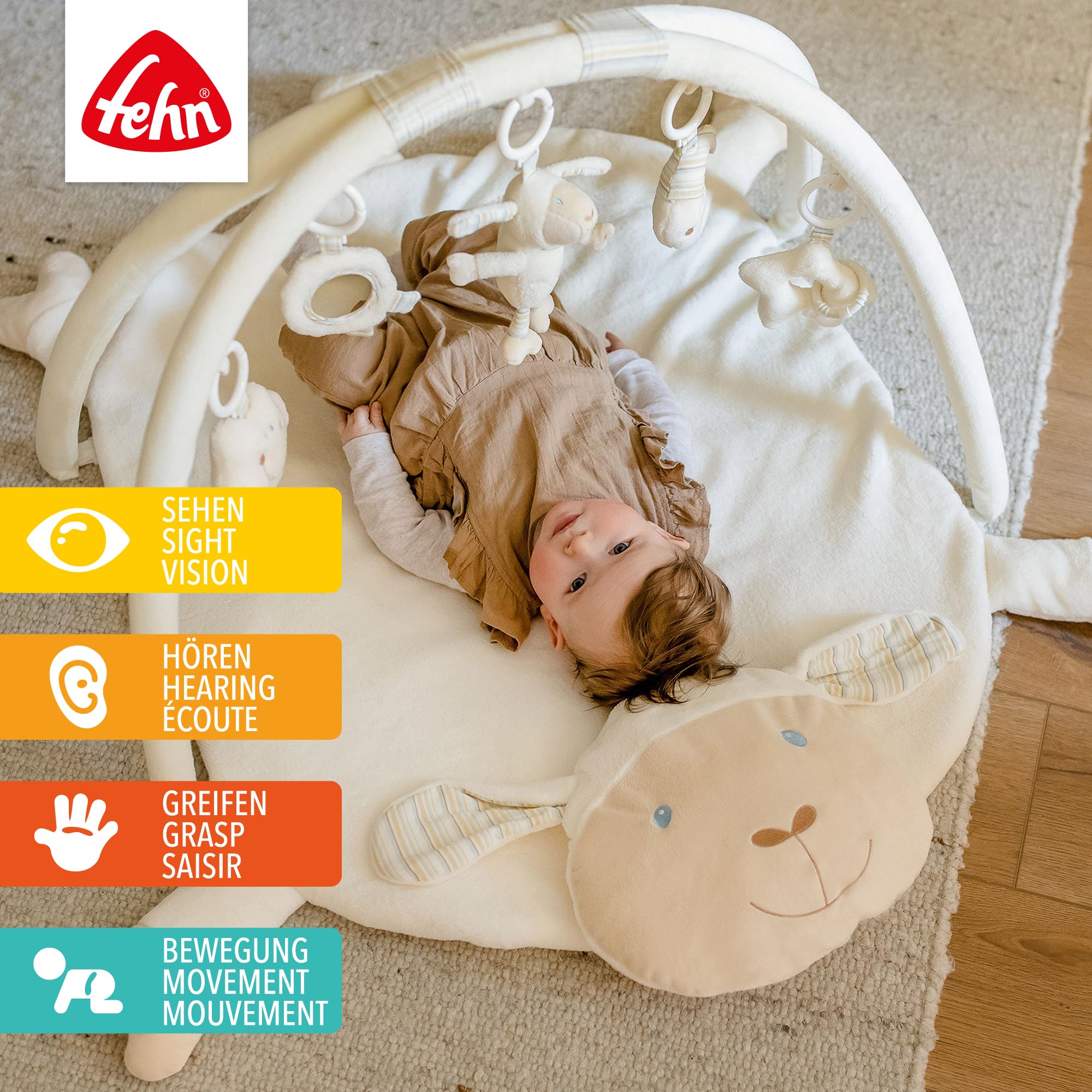 Fehn Couverture d'activités 3D Arche de jeu mouton - Couverture d'éveil avec 5 jouets amovibles à attraper - pour bébés et enfants à partir de 0+ mois - Tapis d'éveil comme cadeau de naissance
