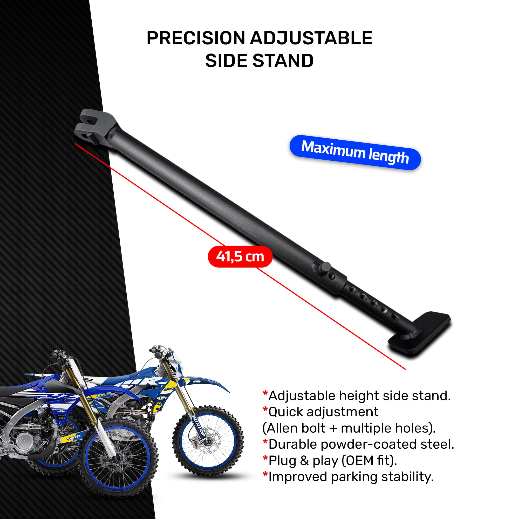 avdb-moto Béquille Support Latérale Réglage Hauteur compatible avec YAMAHA WRF 450 WR450F 2007-11, WRF 450 WR450F 2012-15, WRF 450 WR450F 2016-18, WRF 250 WR250F 2014-16, WRF 250 WR250F 2017-18 (Noir)