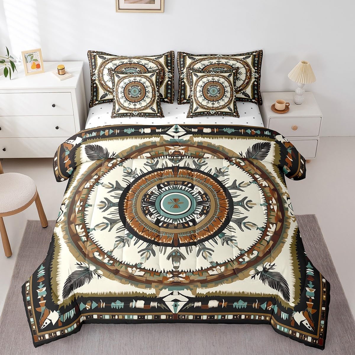 Feelyou Western Comforter Set with Sheets Southwestern Native 7 Piece Bedding Set Queen Size for Kids Boys Girls Western Arrow Feather Bed in a Bag Western Boho Bed Set