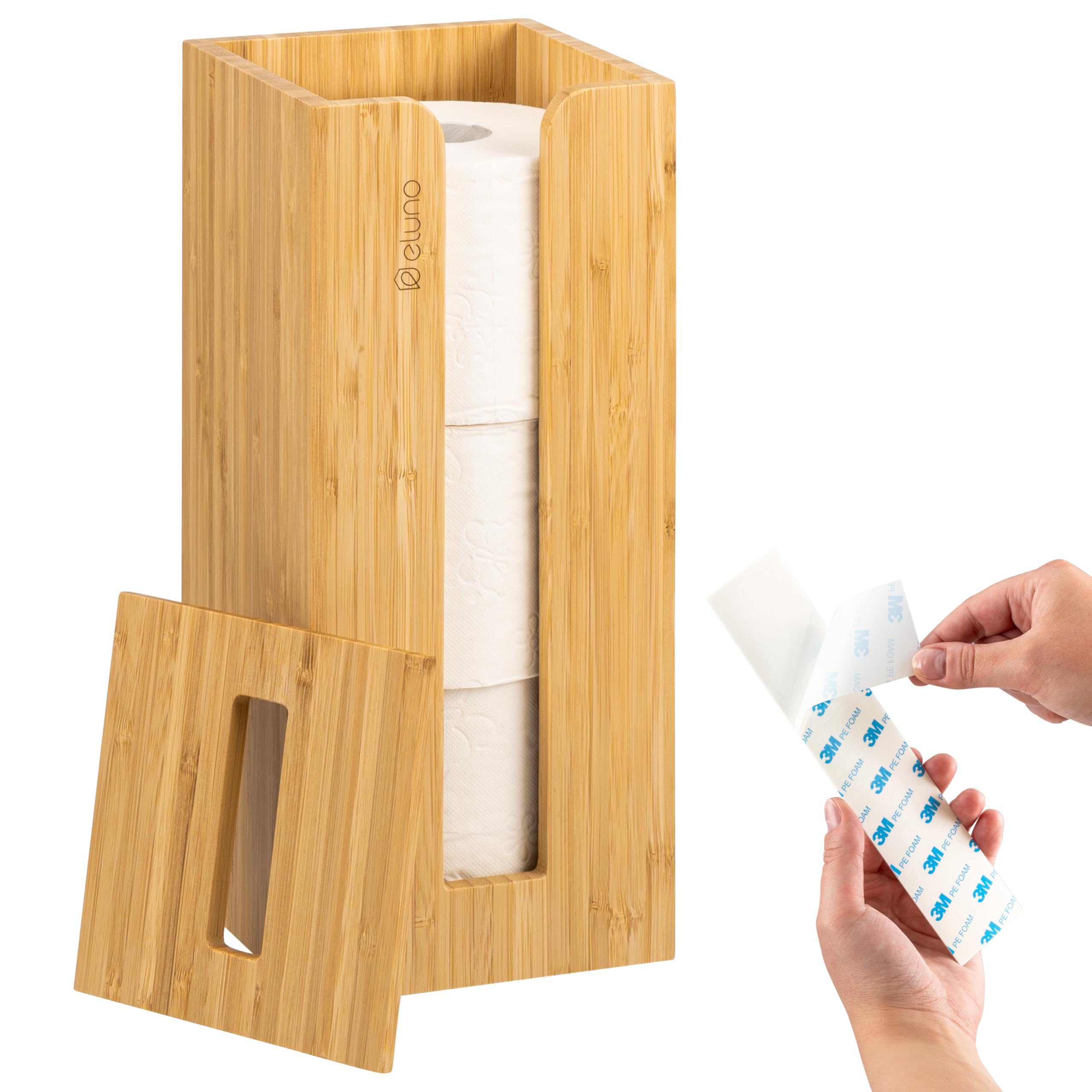 portarotolo eluno per 3 rotoli di ricambio in bambù dal design naturale, portarotolo con coperchio e ripiano, portarotolo facilmente ricaricabile, portarotolo da incollare o forare