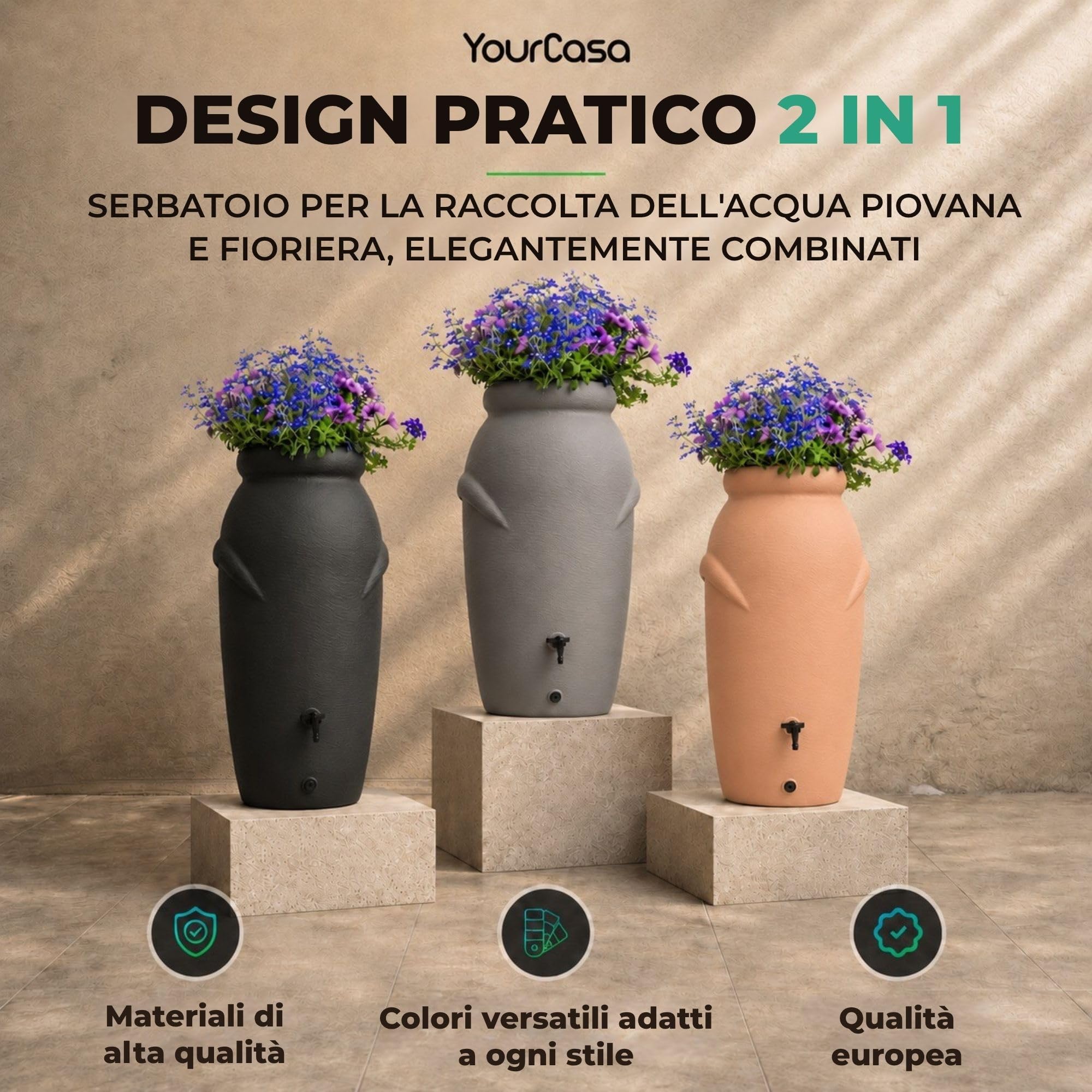 Yourcasa Serbatoio Acqua 210 litri [design anfore] in plastica resistente al gelo – Cisterna acqua piovana con rubinetto – Serbatoio acqua piovana giardino - raccolta acqua piovana (terracotta)