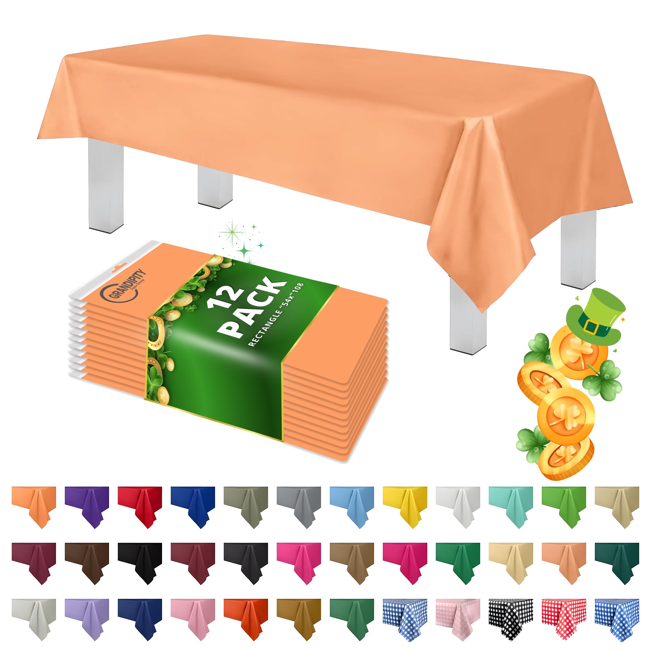 Grandipity 12 Pack Premium Disposable Plastic Tablecloth 54 Inch. x 108 Inch. Decorative Rectangle Table Cover - Peach